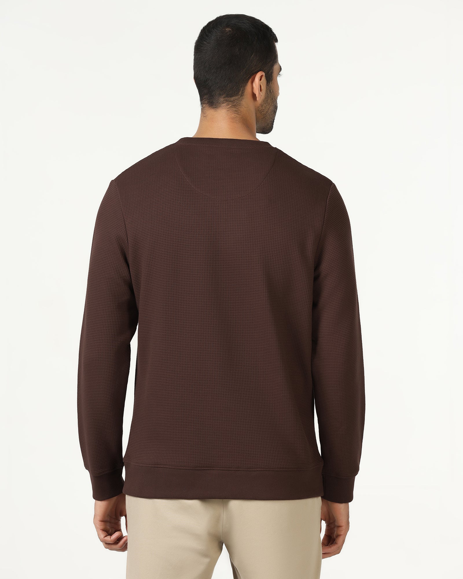 Dark Brown Crew Neck Textured Sweatshirt - Pan