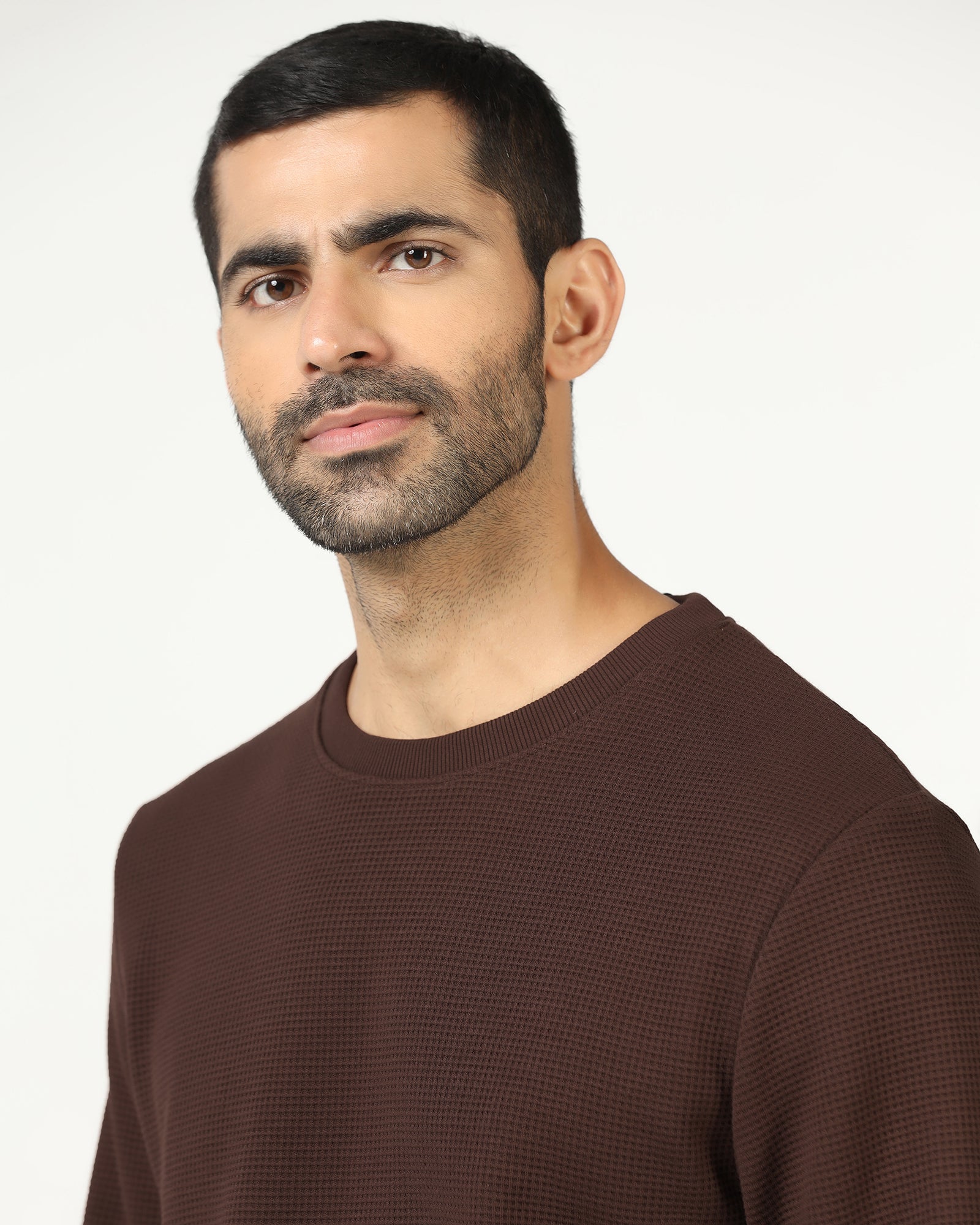 Dark Brown Crew Neck Textured Sweatshirt - Pan