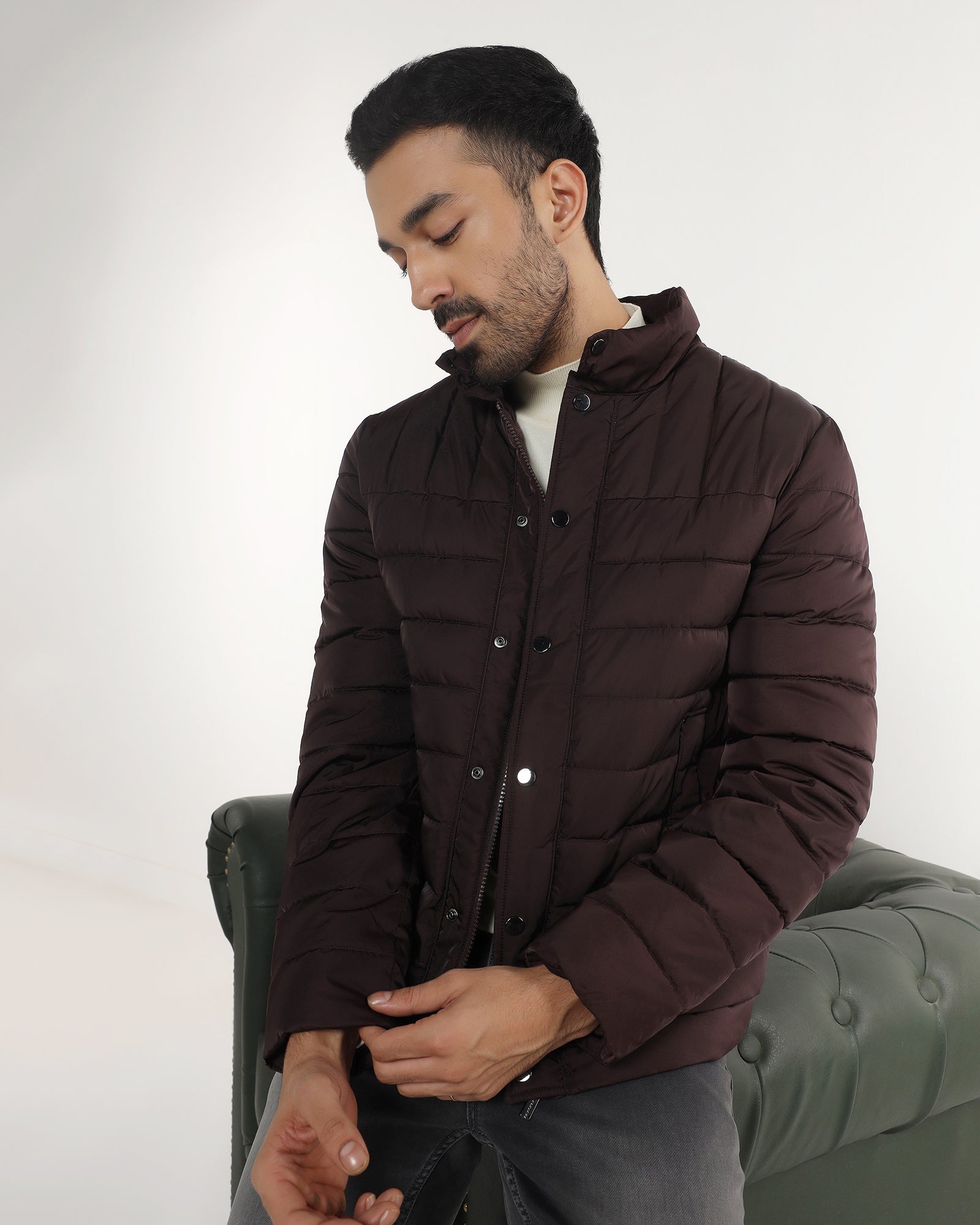 Dark Brown Solid Zipper Jacket - Aproni
