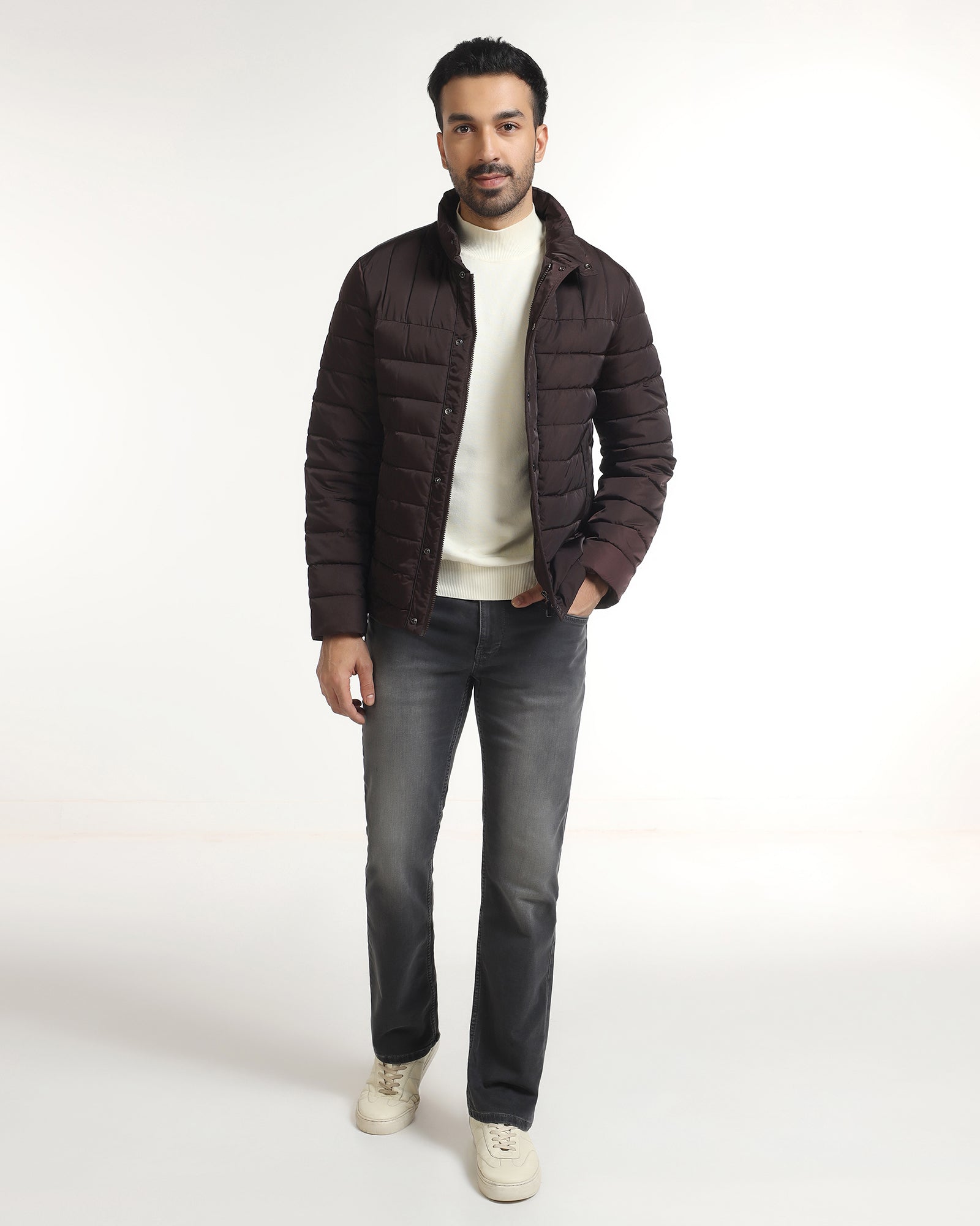 Dark Brown Solid Zipper Jacket - Aproni