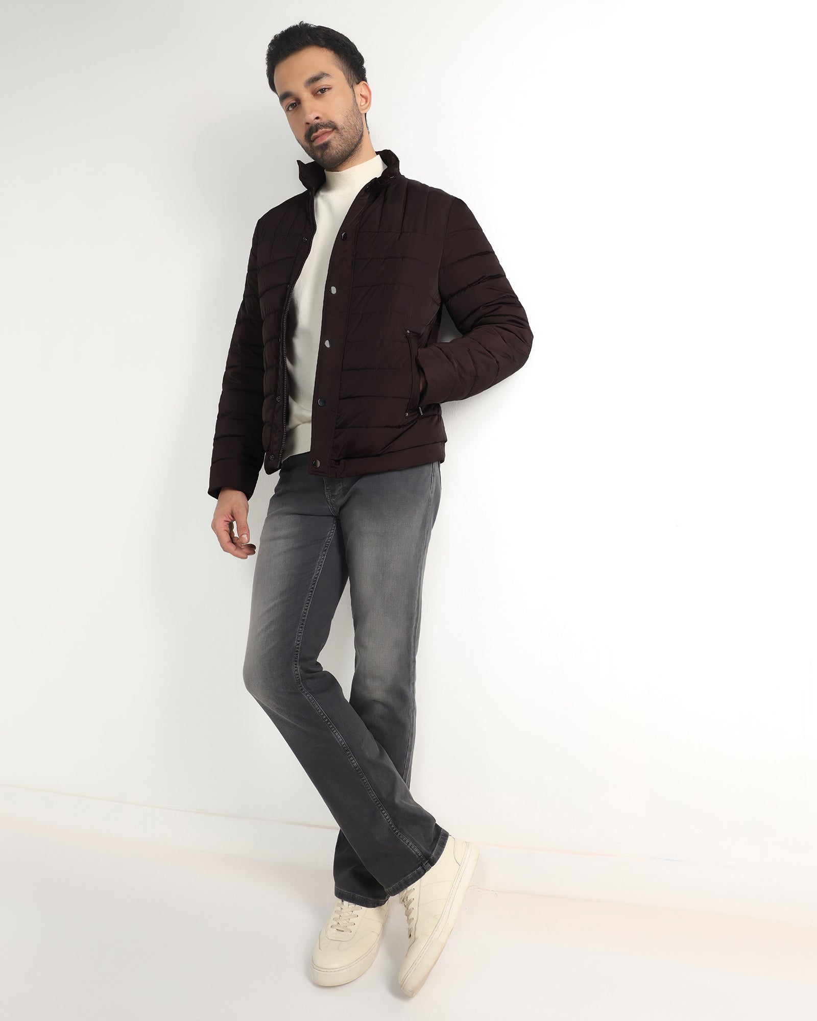 Dark Brown Solid Zipper Jacket - Aproni