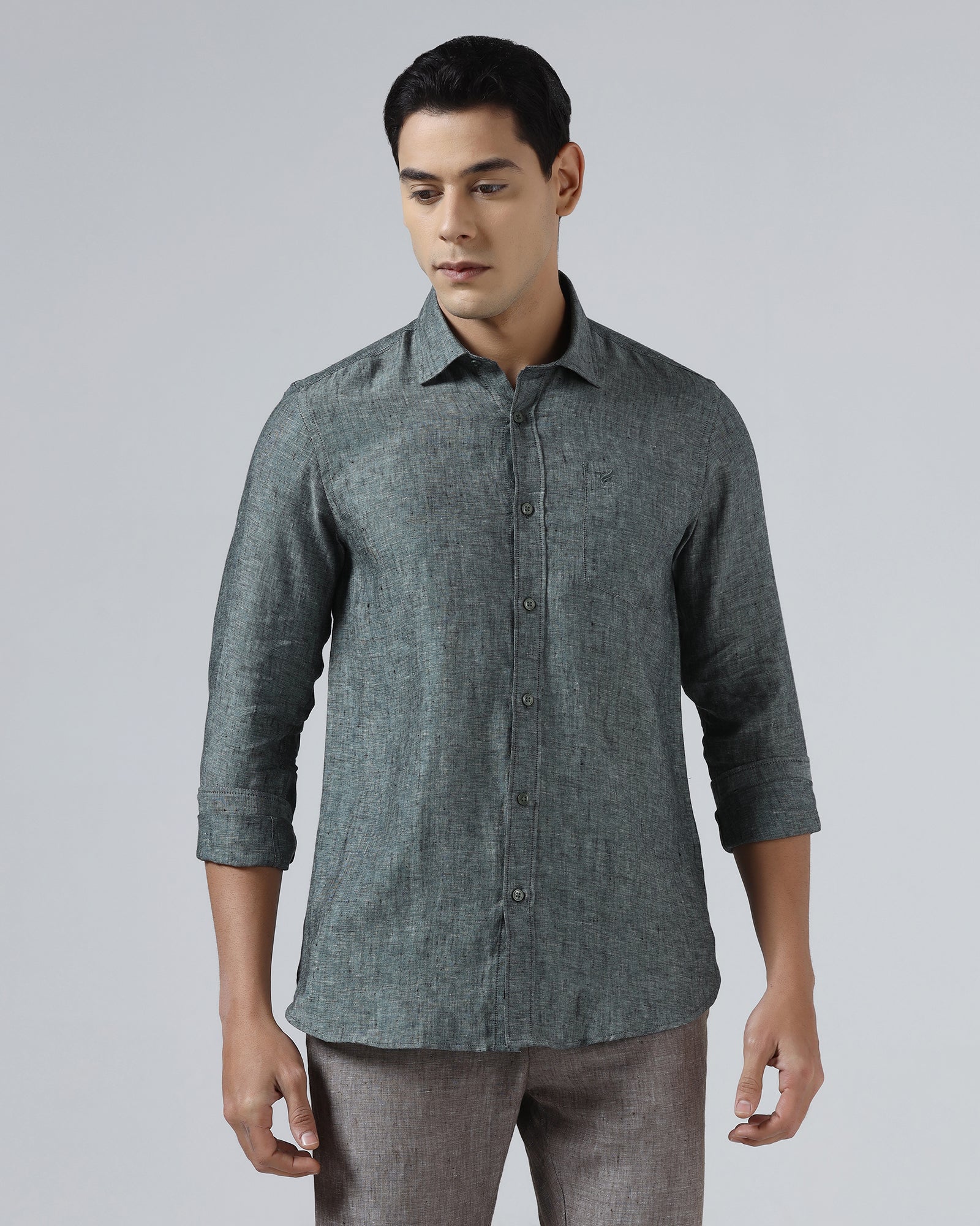 Dark Green Linen Solid Shirt - Stelo