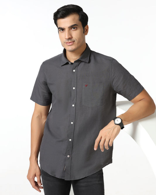Dark Grey Half Sleeve Linen Solid Shirt - Salmon