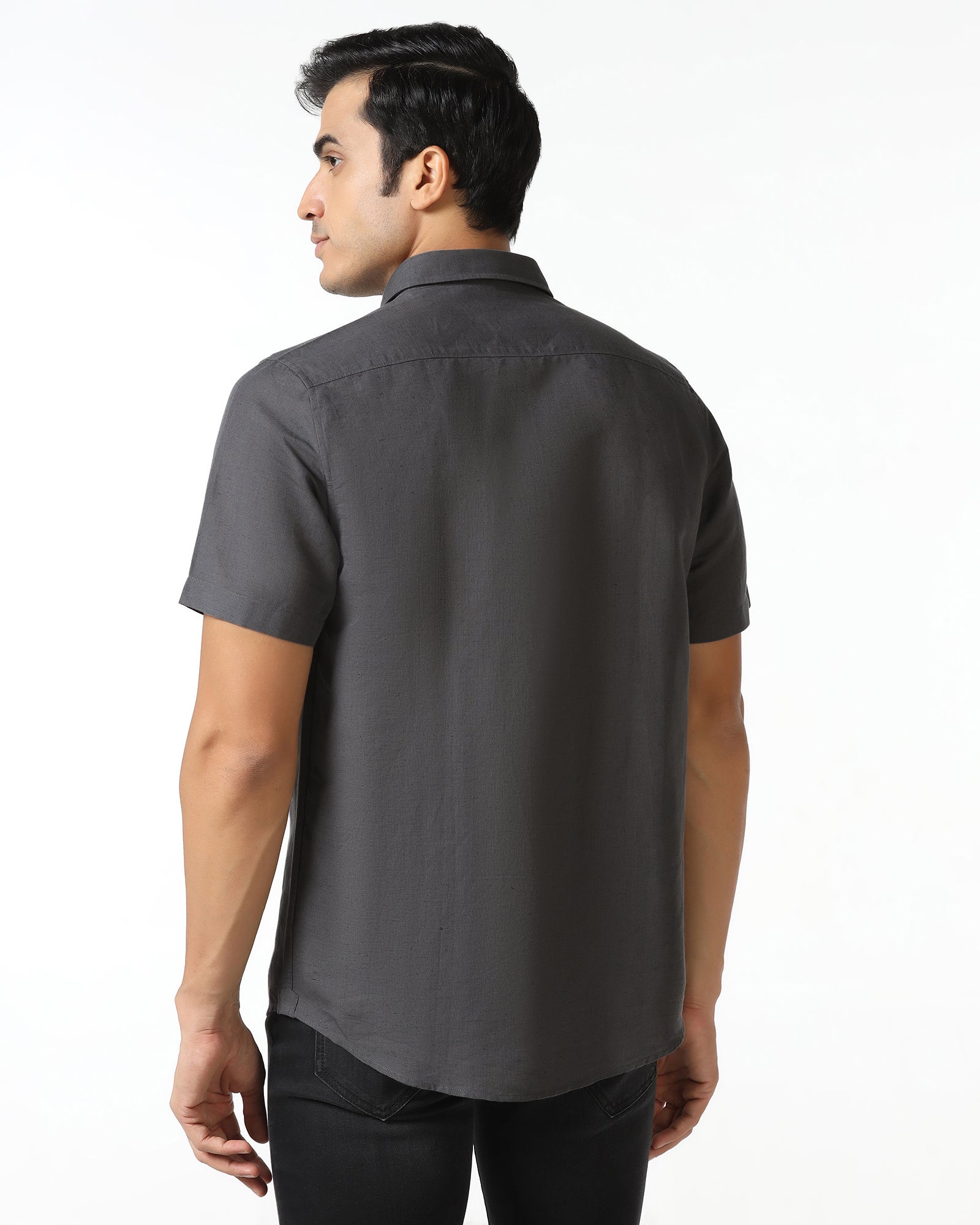 Dark Grey Half Sleeve Linen Solid Shirt - Salmon