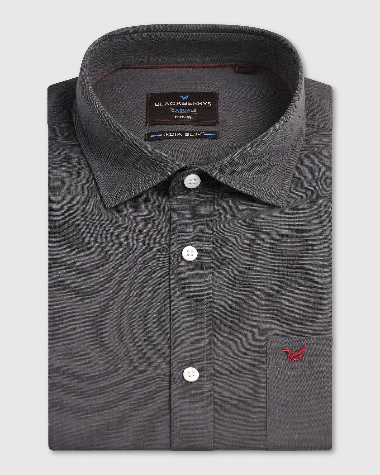 Dark Grey Half Sleeve Linen Solid Shirt - Salmon