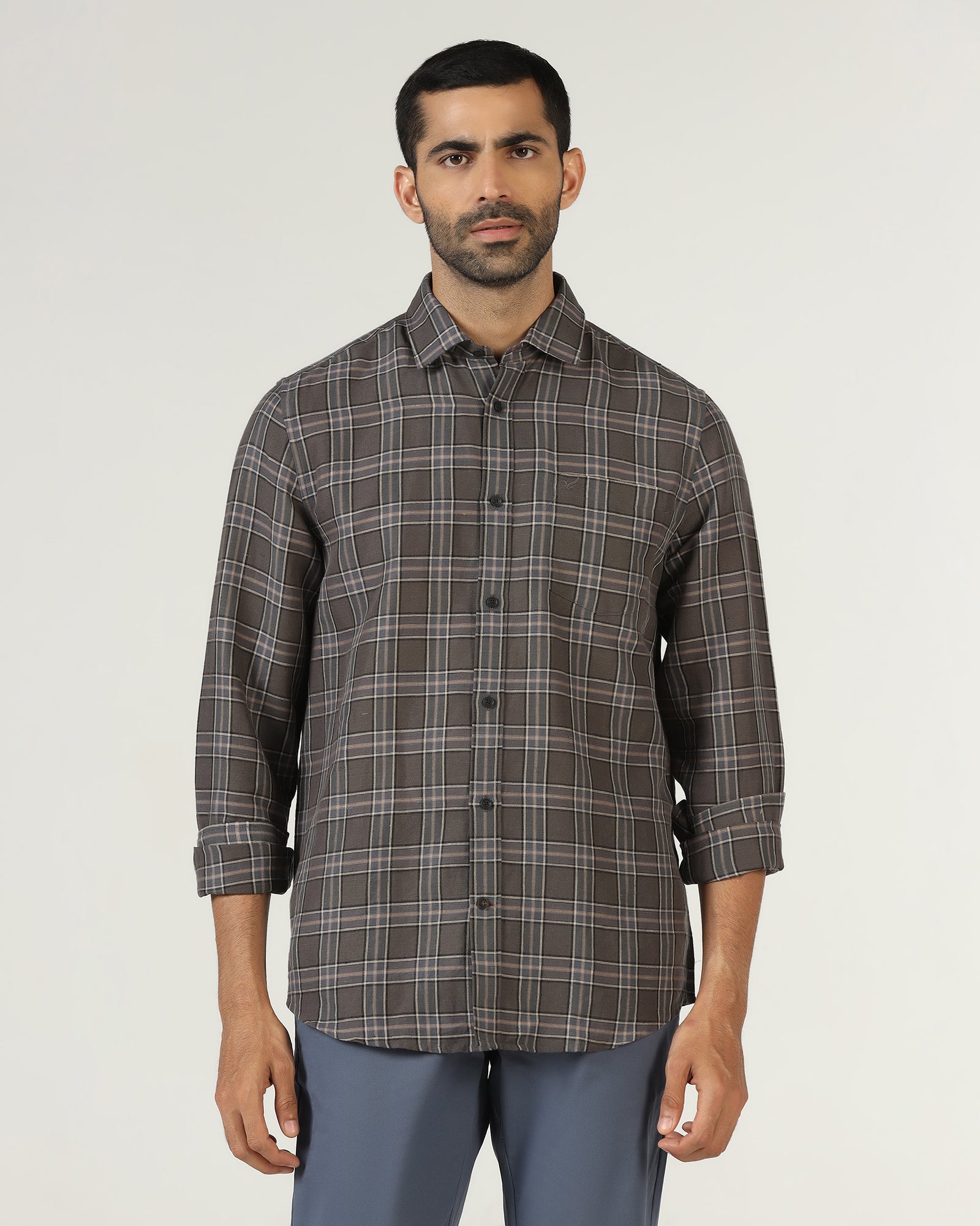 Dark Grey Linen Check Shirt - Madrik