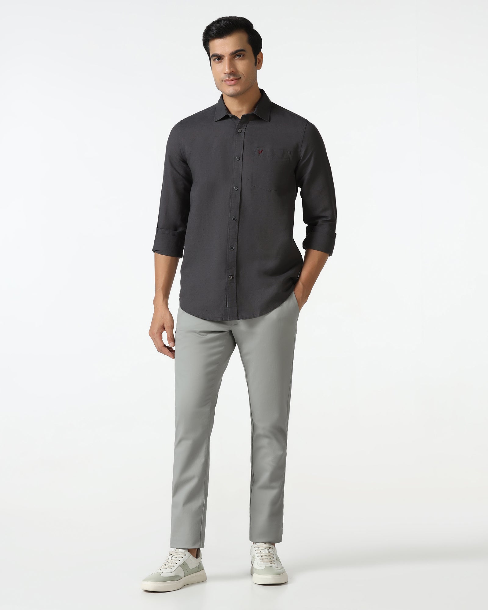 Dark Grey Linen Solid Shirt - Salmon