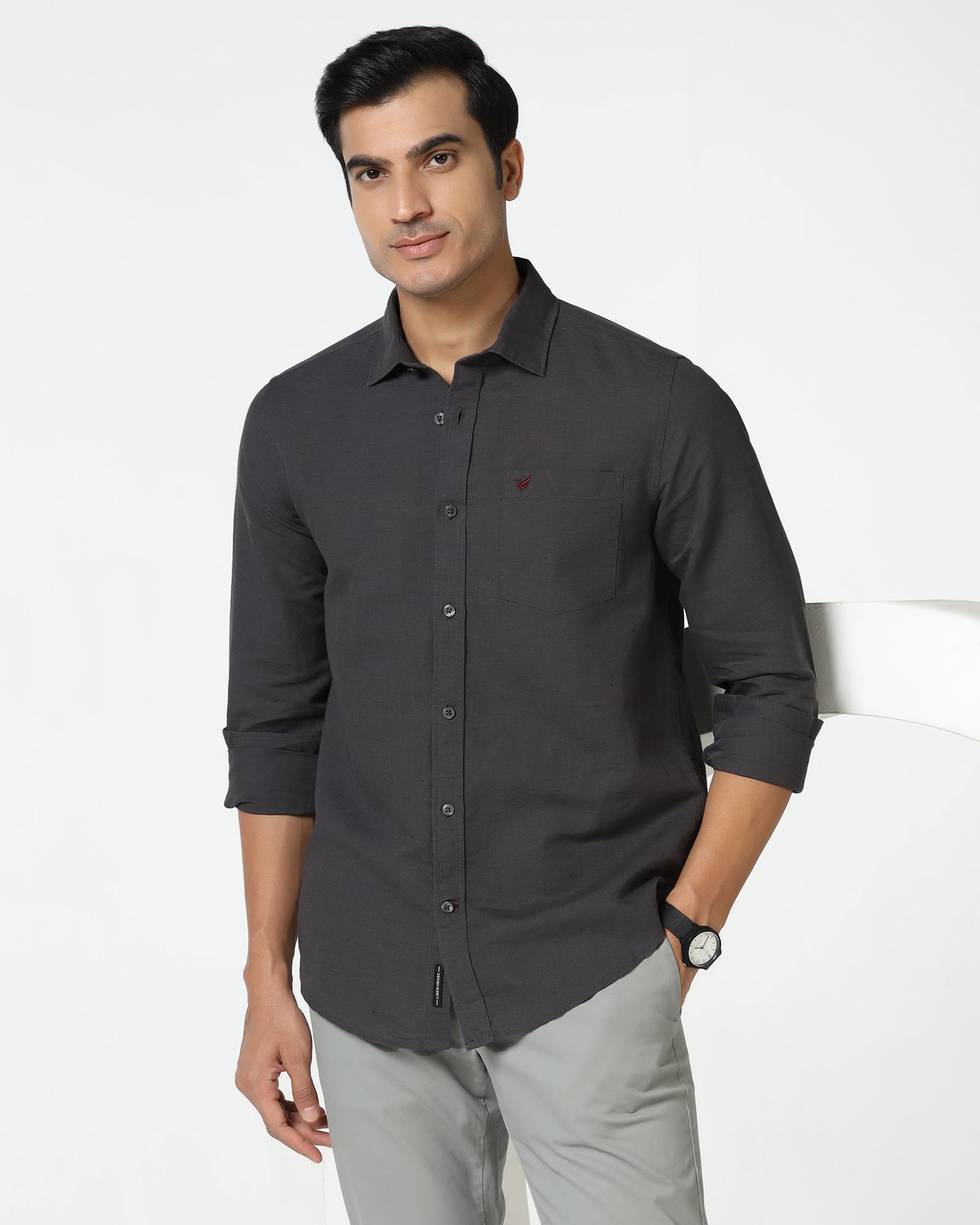 Dark Grey Linen Solid Shirt - Salmon