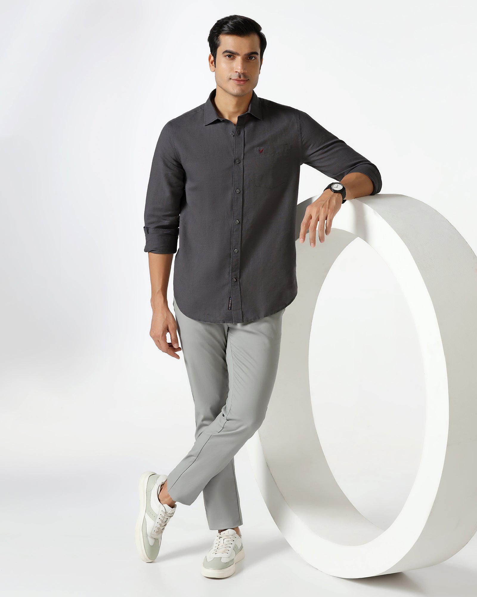 Dark Grey Linen Solid Shirt - Salmon