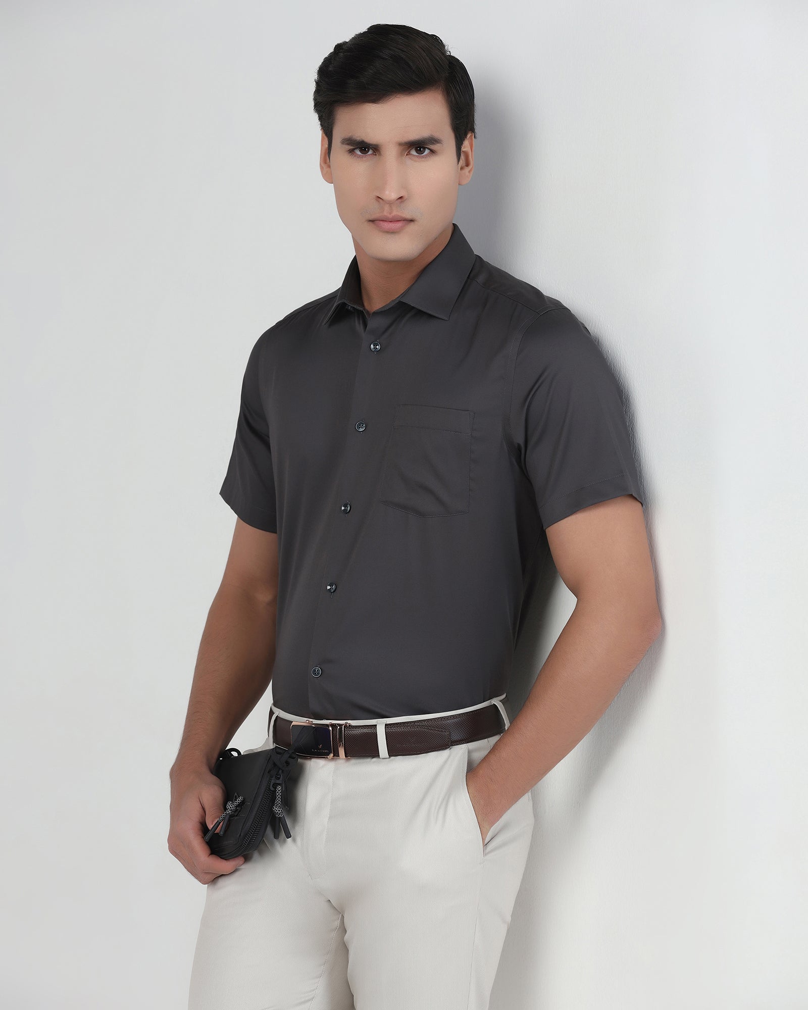 Dark Grey Half Sleeve Non Iron Solid Shirt - Sylvia