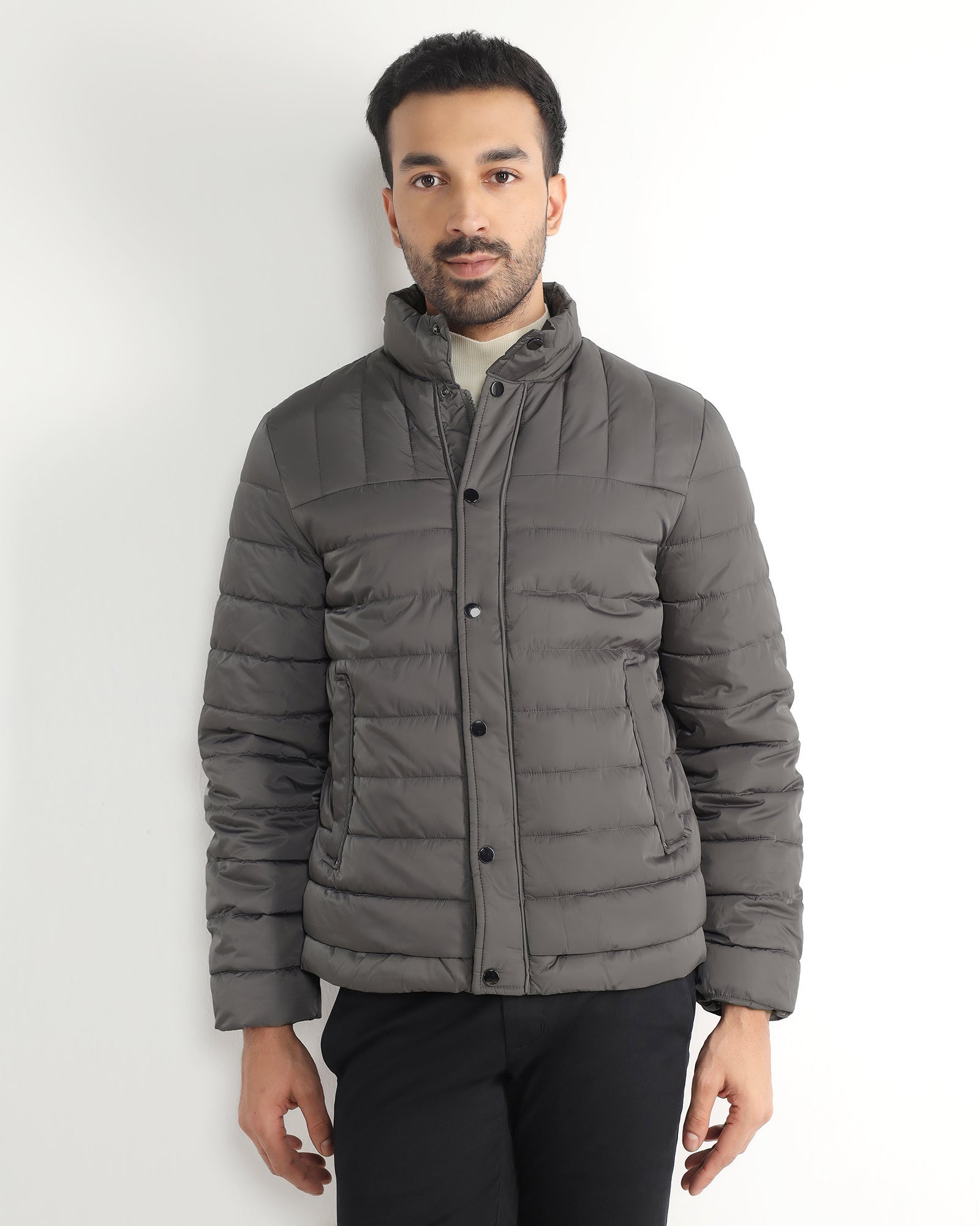 Dark Grey Solid Zipper Jacket - Aproni