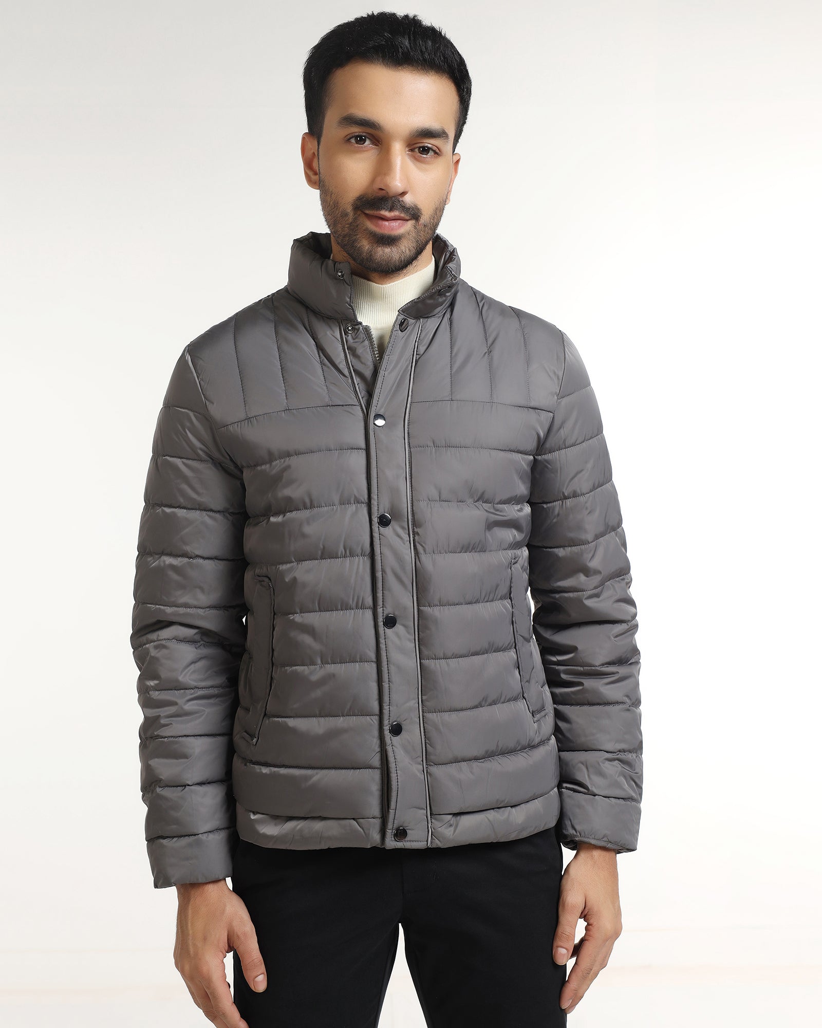 Dark Grey Solid Zipper Jacket - Aproni