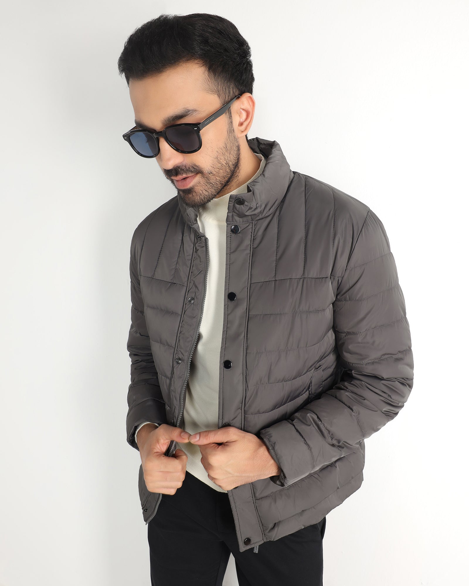 Dark Grey Solid Zipper Jacket - Aproni