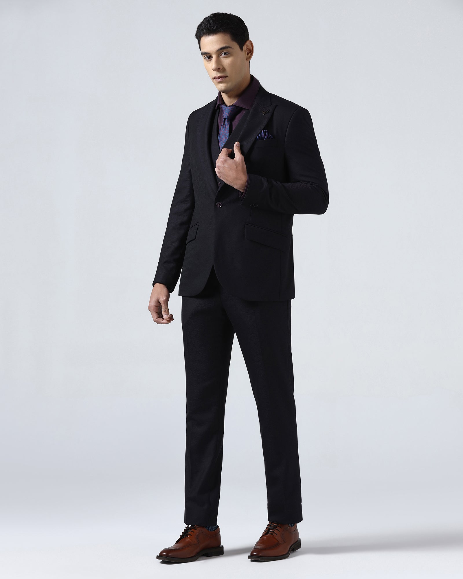 Dark Purple Three Piece Jacquard Suit - Balliso