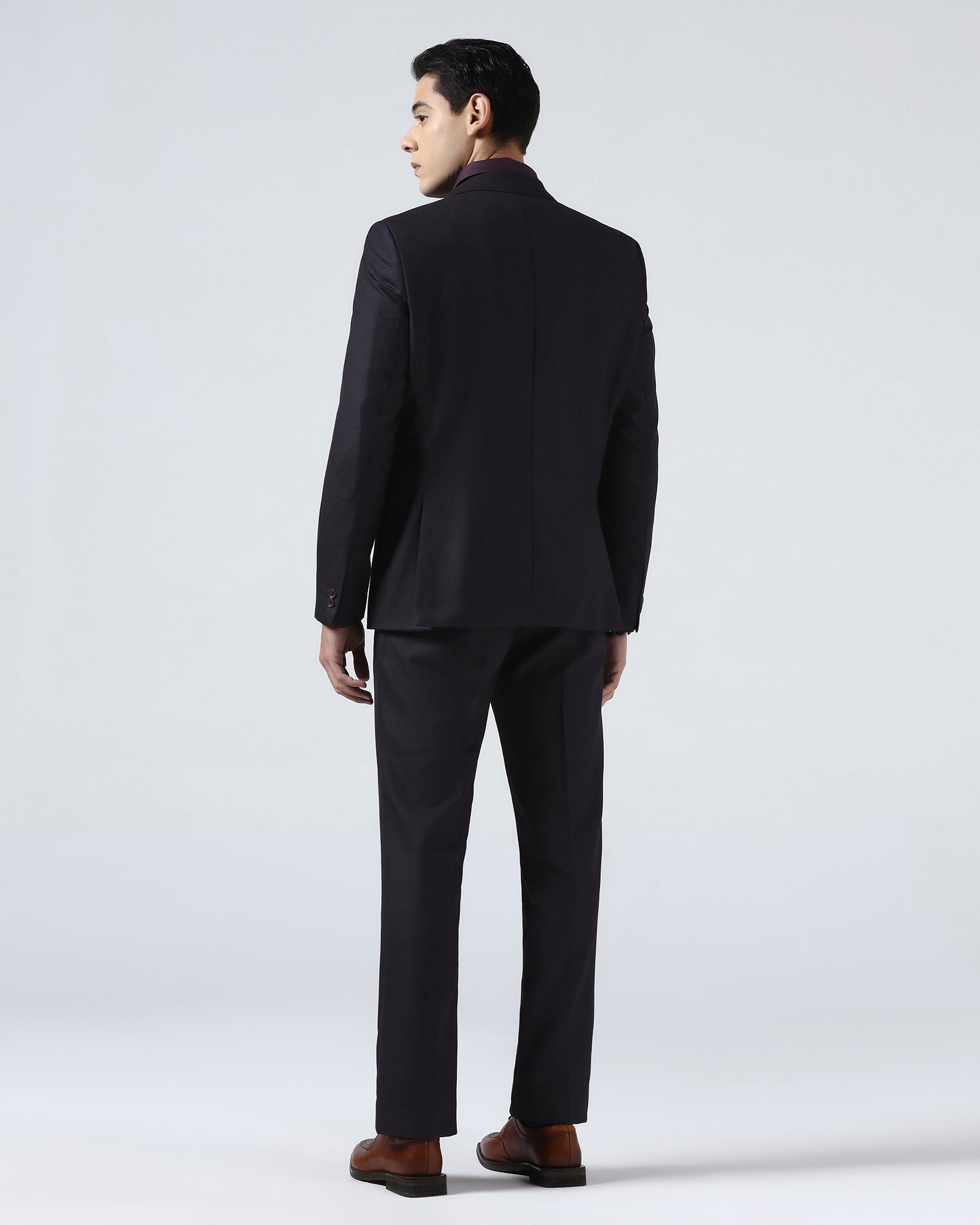 Dark Purple Three Piece Jacquard Suit - Balliso