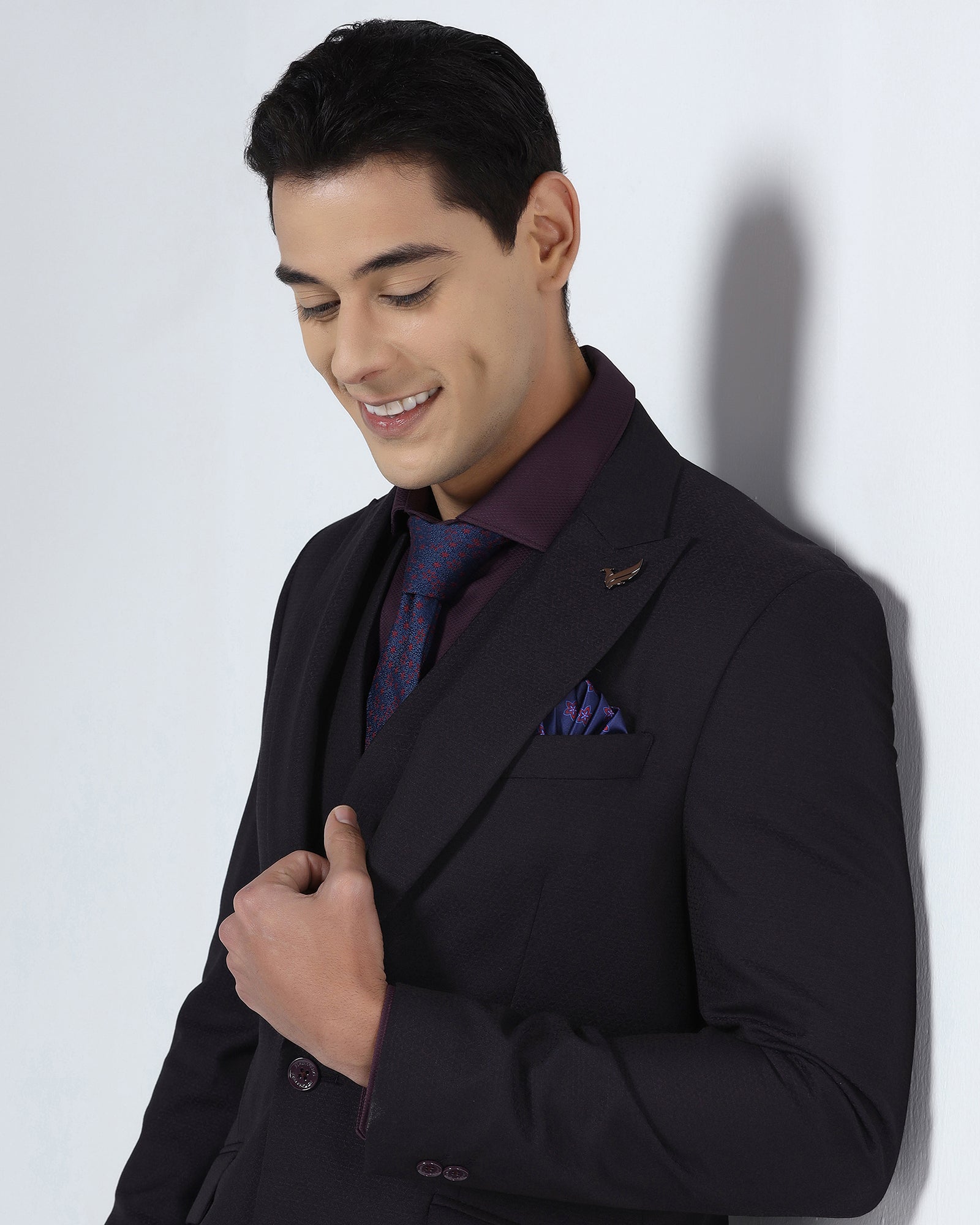 Dark Purple Three Piece Jacquard Suit - Balliso