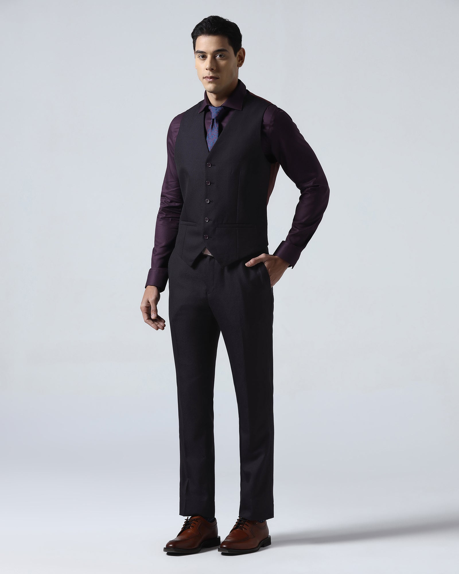 Dark Purple Three Piece Jacquard Suit - Balliso