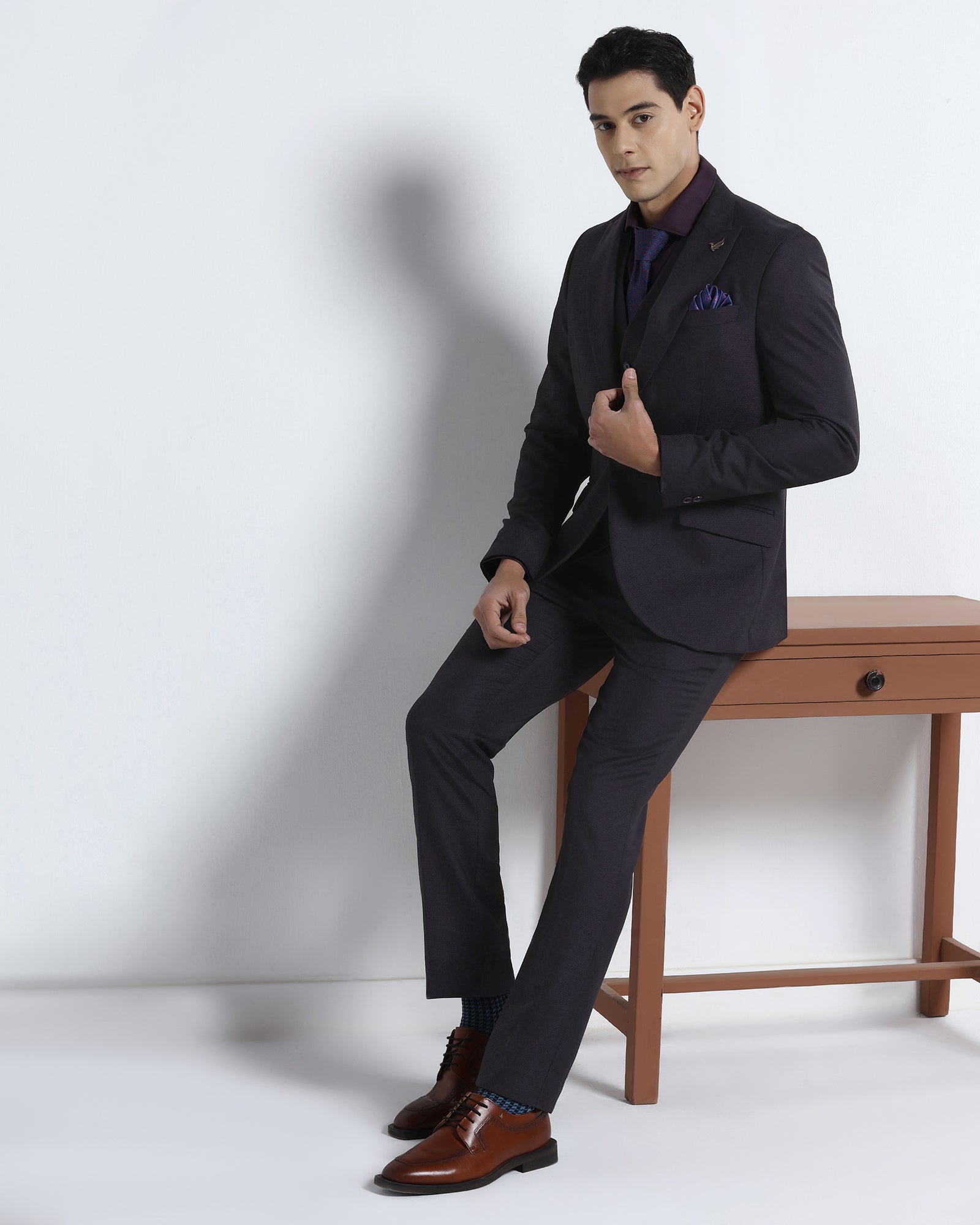 Dark Purple Three Piece Jacquard Suit - Balliso