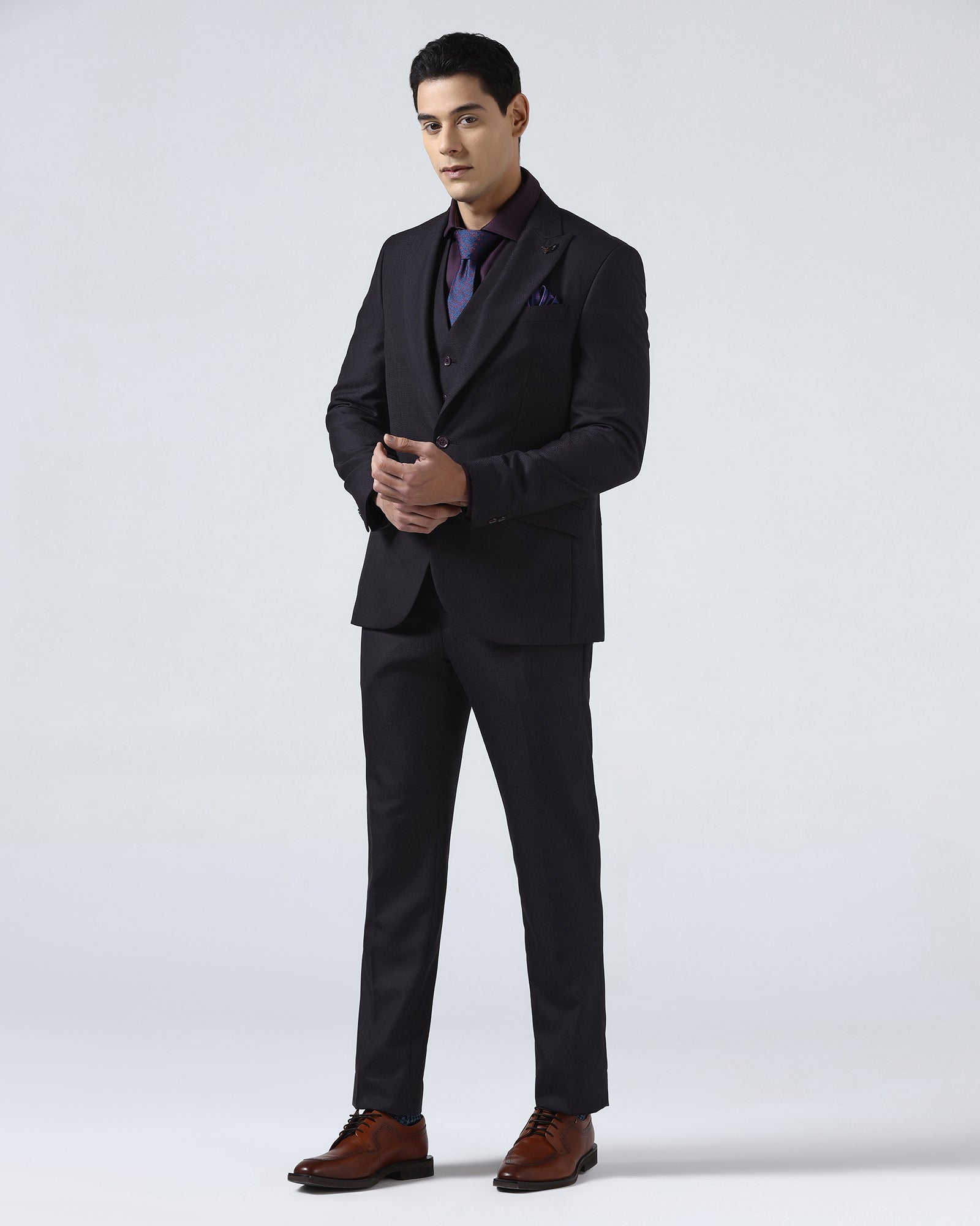 Dark Purple Three Piece Jacquard Suit - Balliso