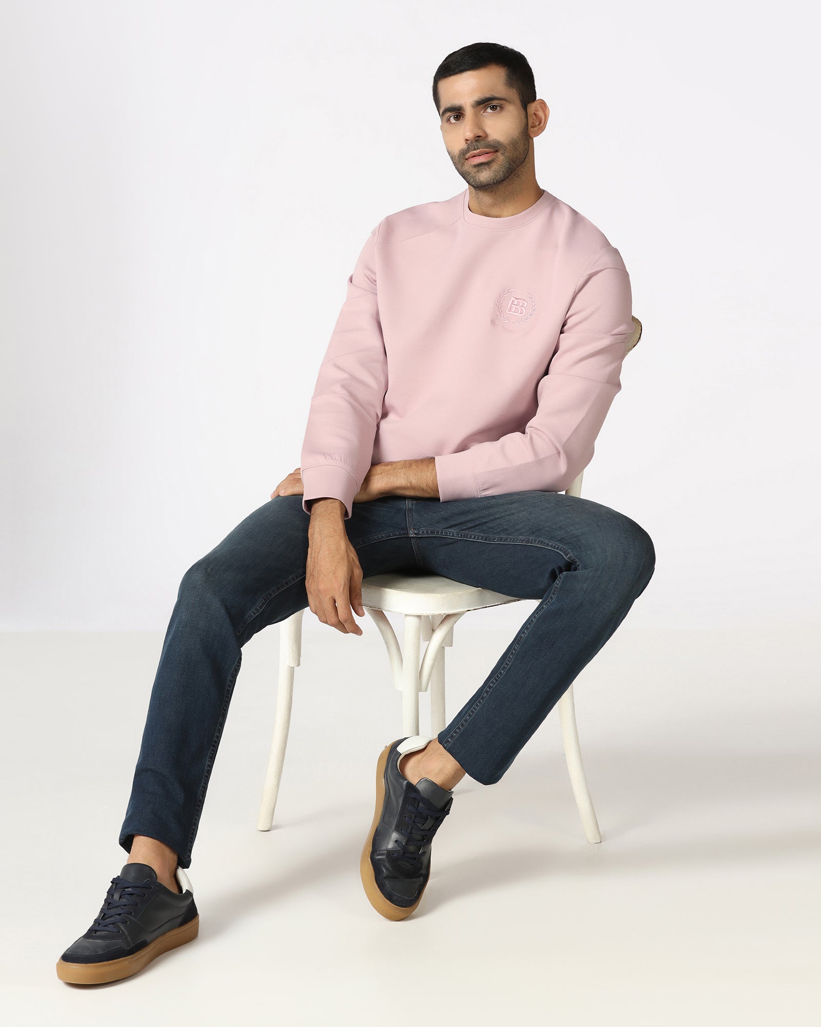 Dusty Pink Crew Neck Solid Sweatshirt - Dapper