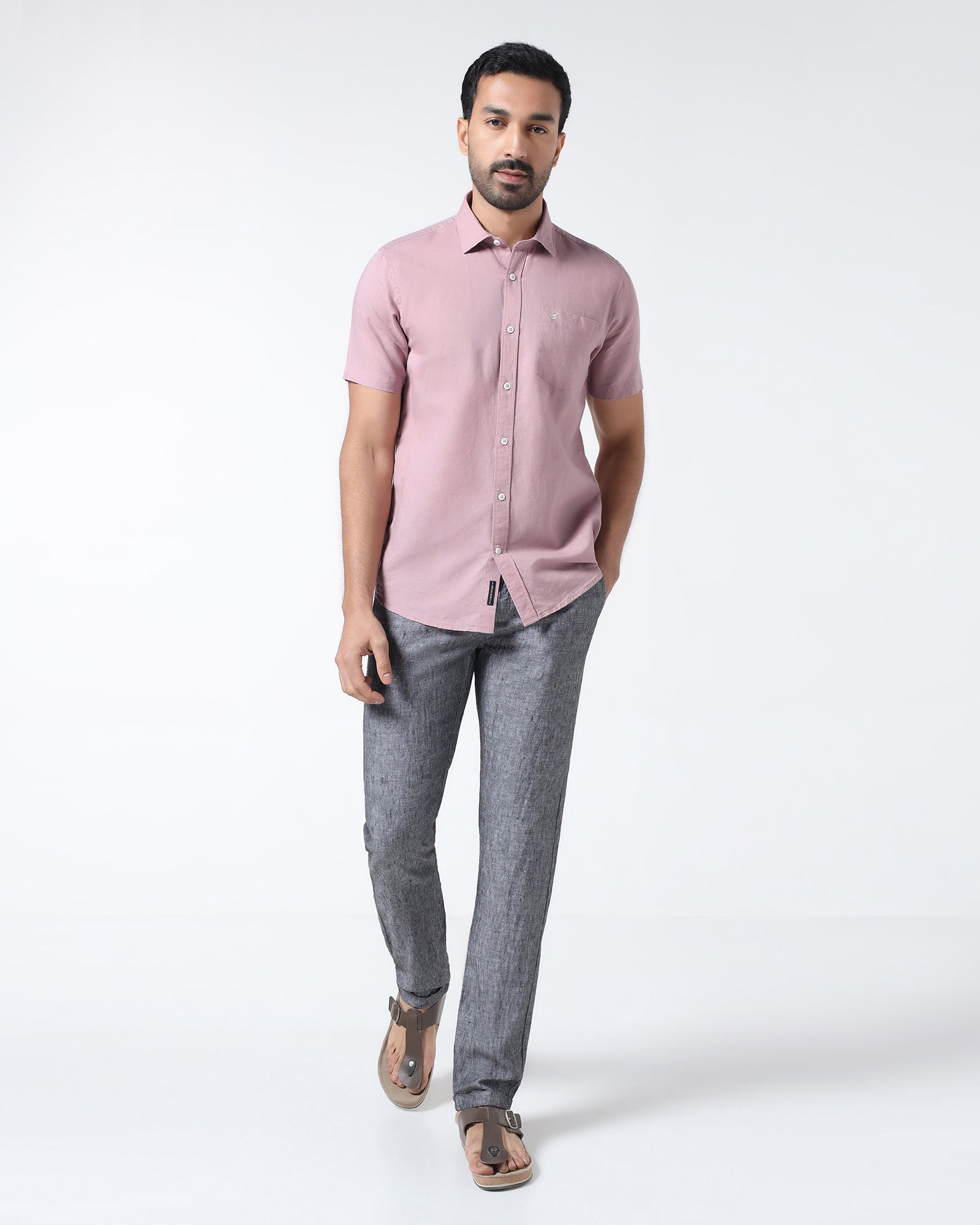 Dusty Pink Half Sleeve Linen Solid Shirt - Cleo
