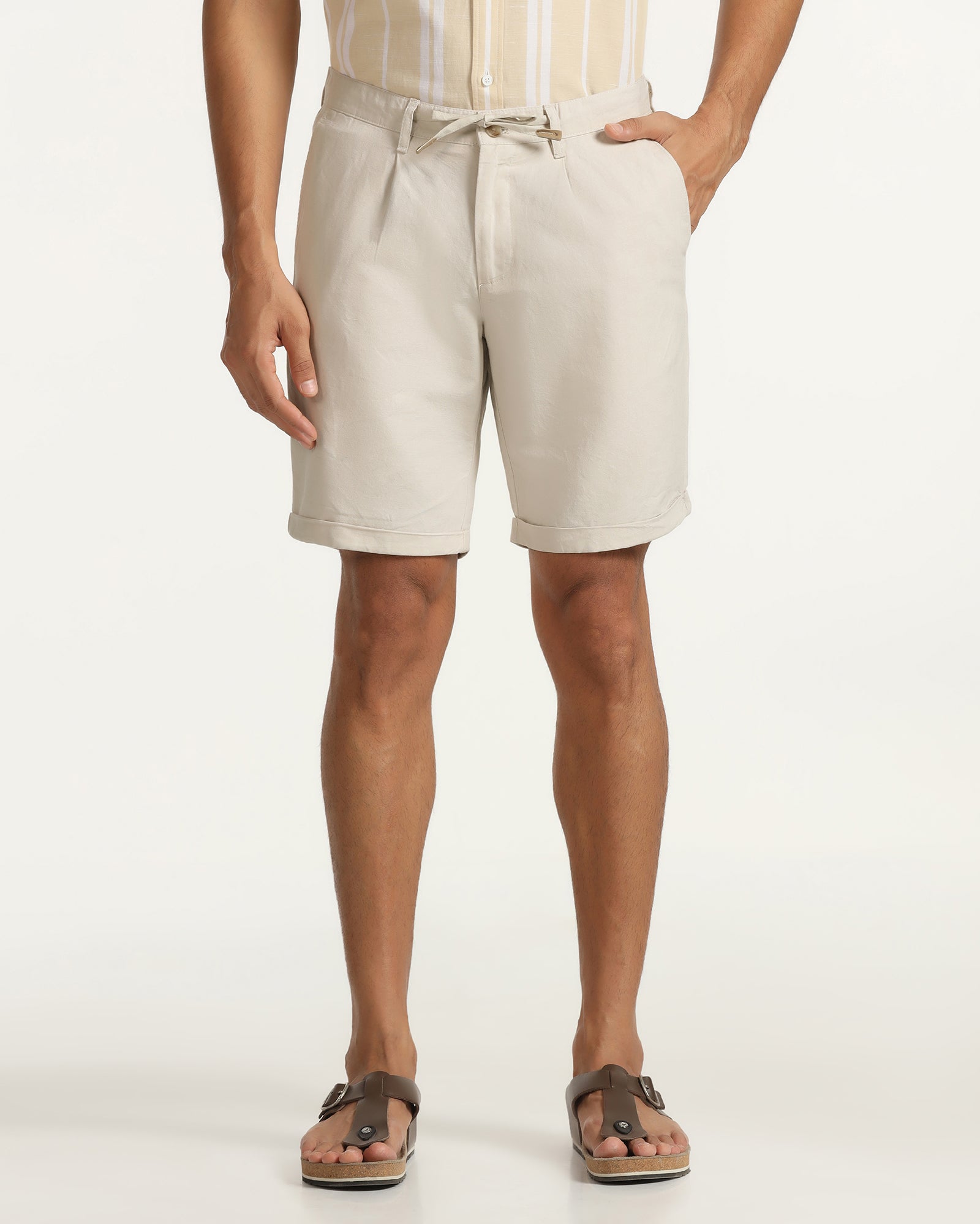 Linen Casual Beige Solid Shorts - Kat