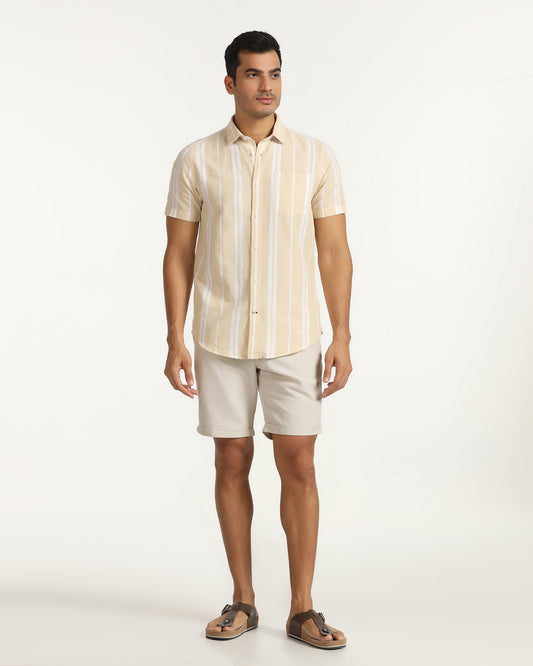 Linen Casual Beige Solid Shorts - Kat