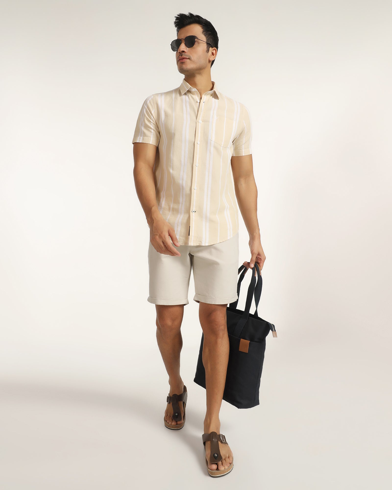 Linen Casual Beige Solid Shorts - Kat