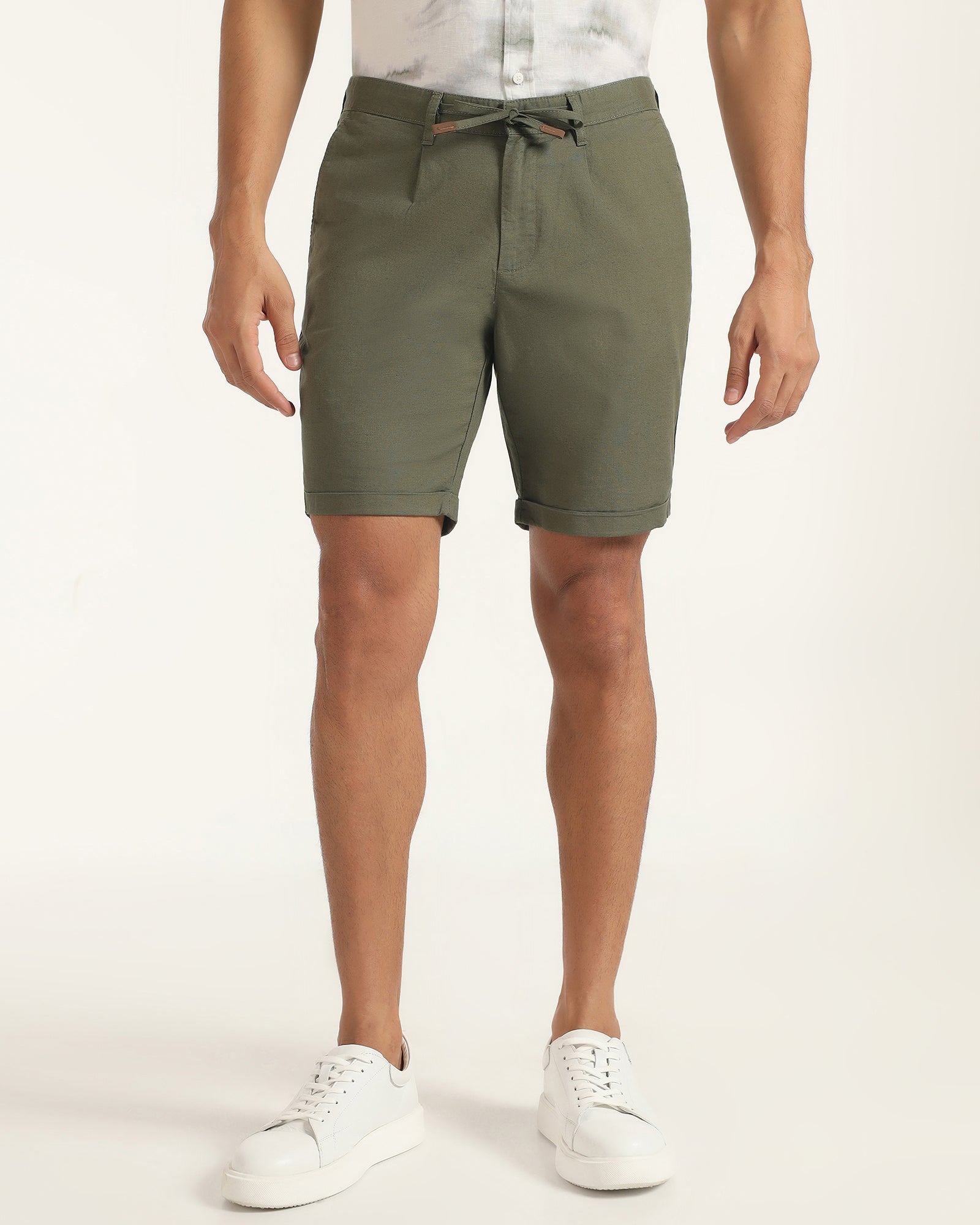Linen Casual Olive Solid Shorts - Kat