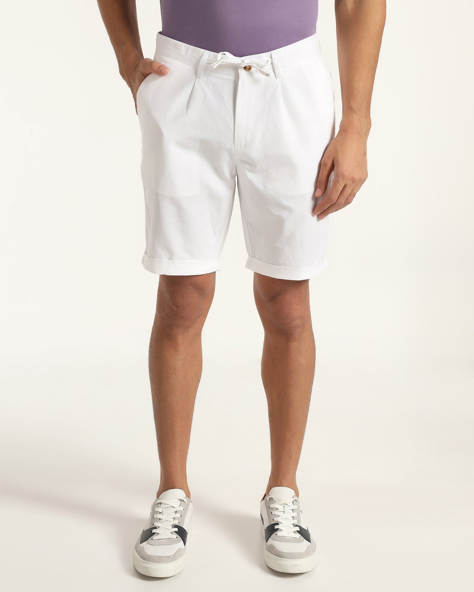 Linen Casual White Solid Shorts - Kat