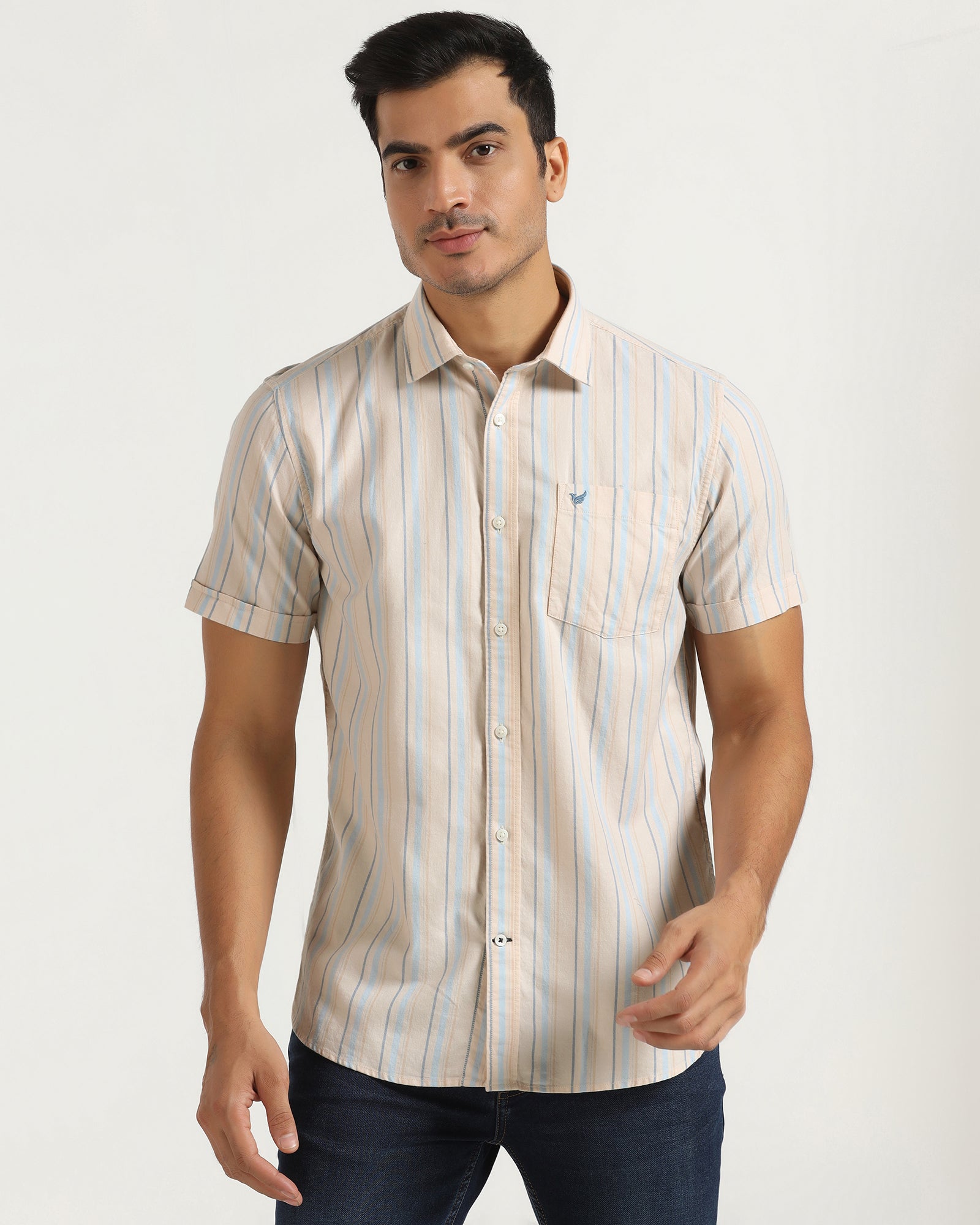 Casual Half Sleeve Beige Stripe Shirt - masami