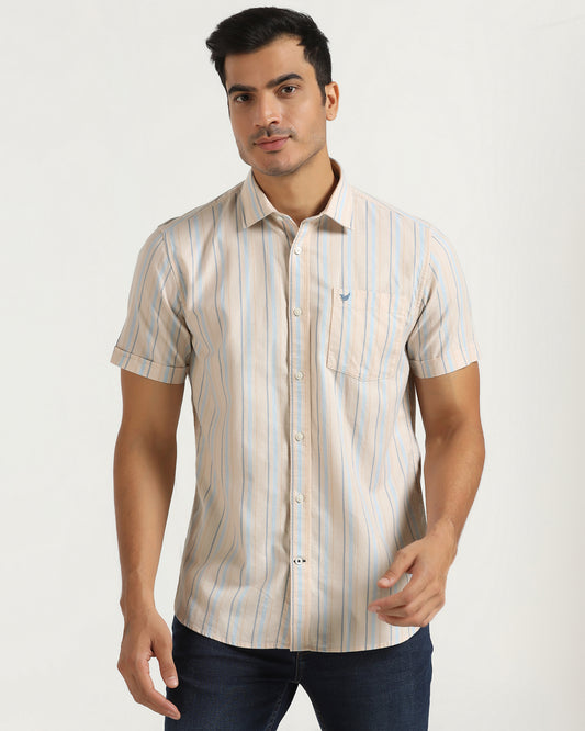 Casual Half Sleeve Beige Stripe Shirt - masami