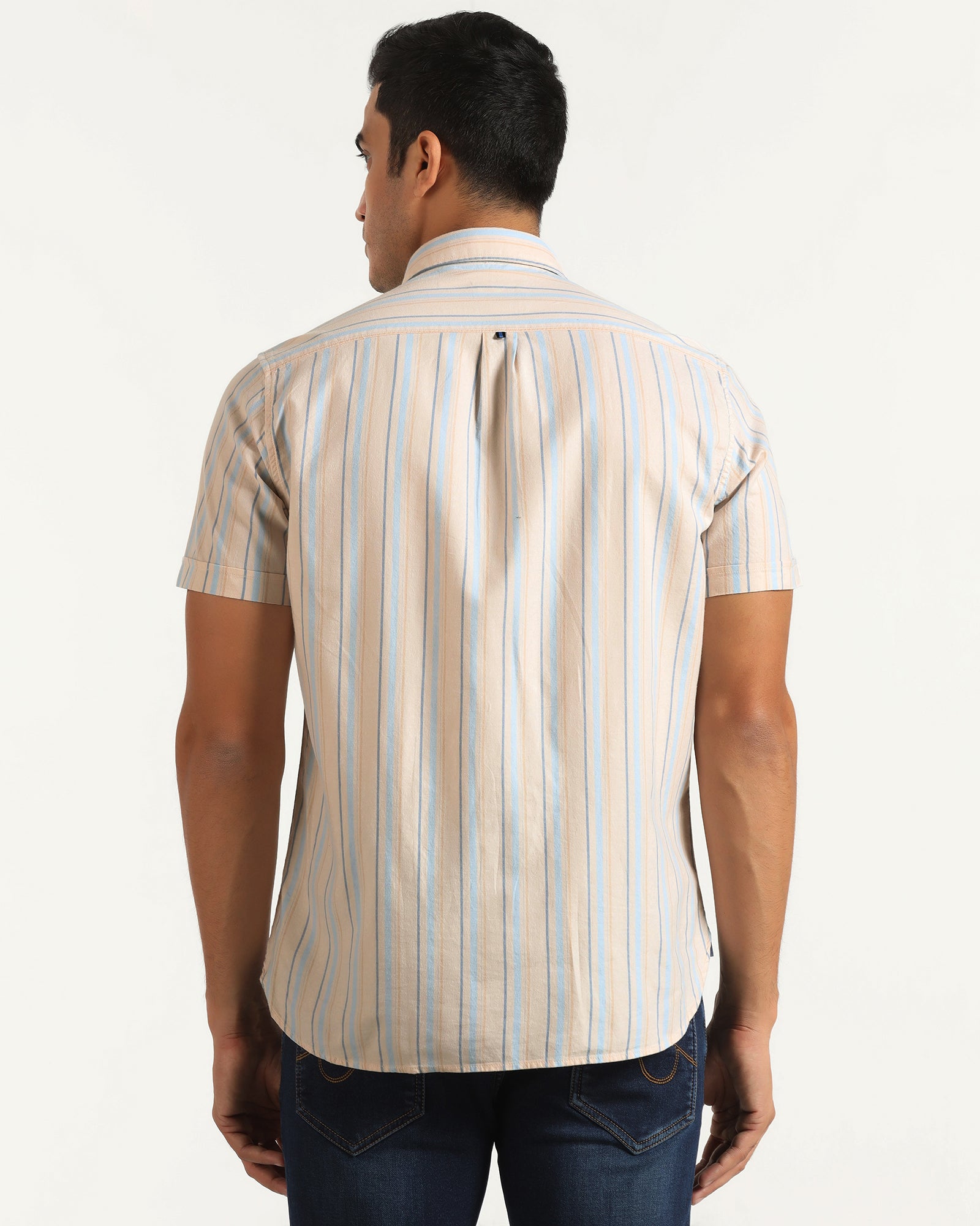 Casual Half Sleeve Beige Stripe Shirt - masami