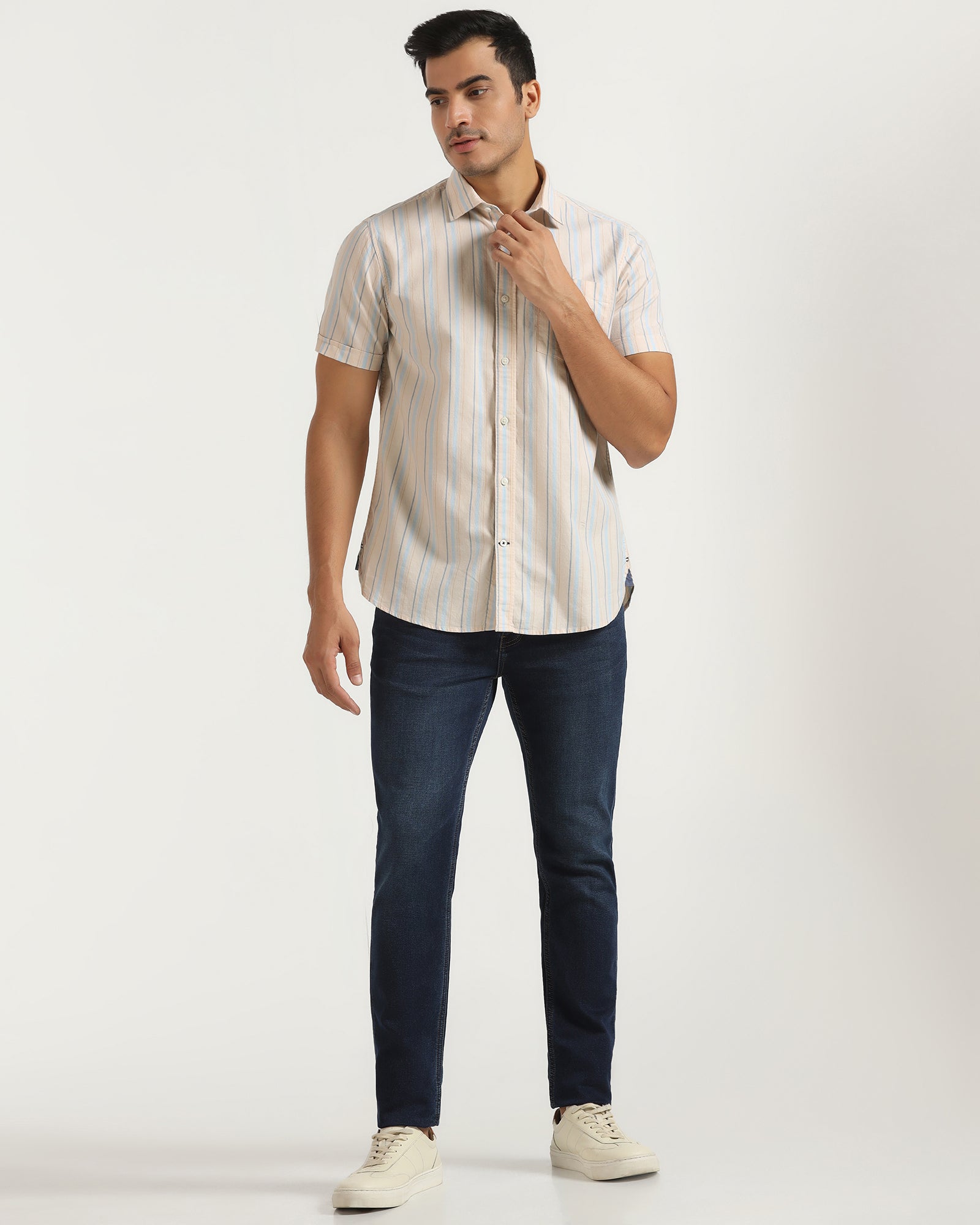 Casual Half Sleeve Beige Stripe Shirt - masami