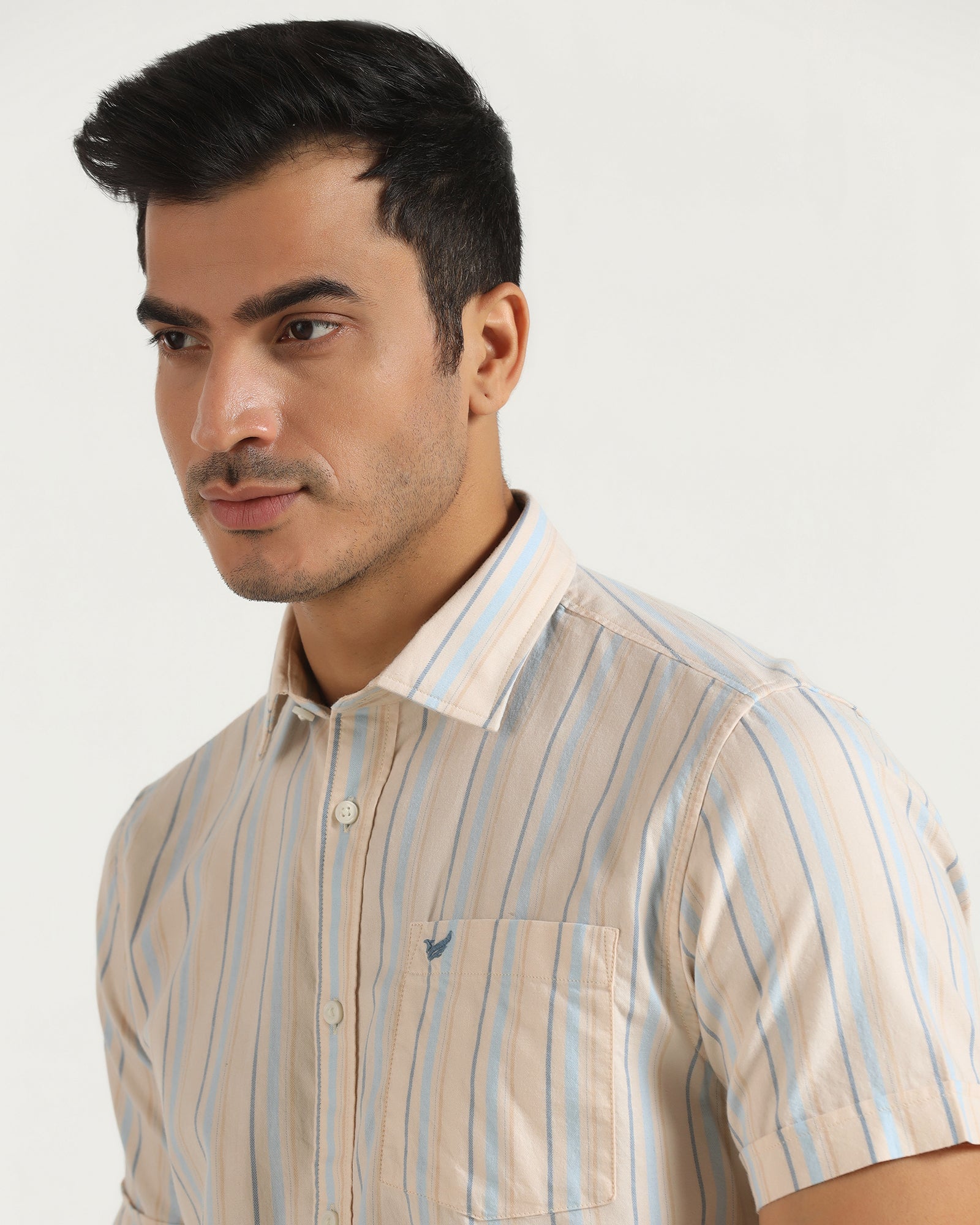 Casual Half Sleeve Beige Stripe Shirt - masami