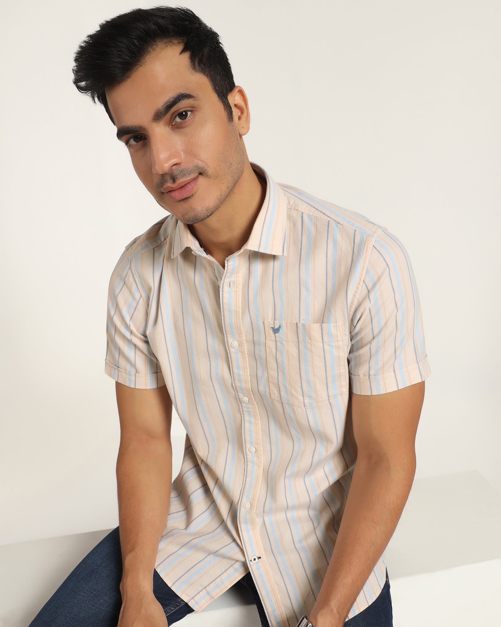 Casual Half Sleeve Beige Stripe Shirt - masami