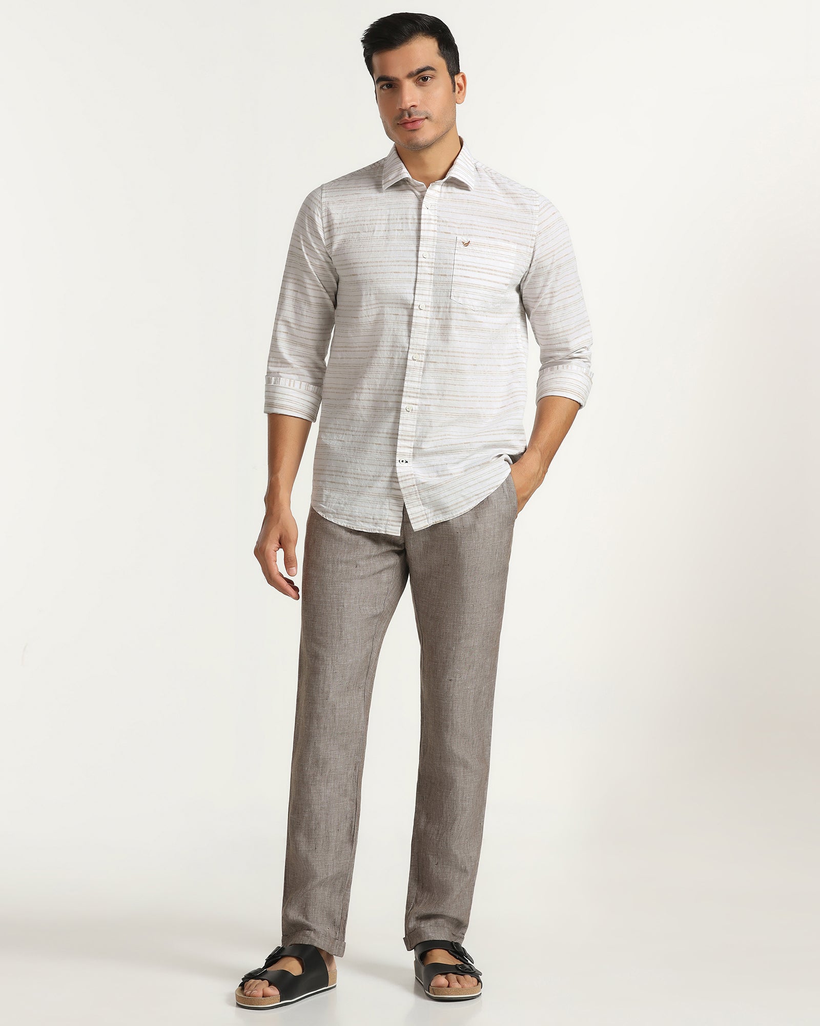 Linen Casual Beige Jacquard Shirt - Daigo