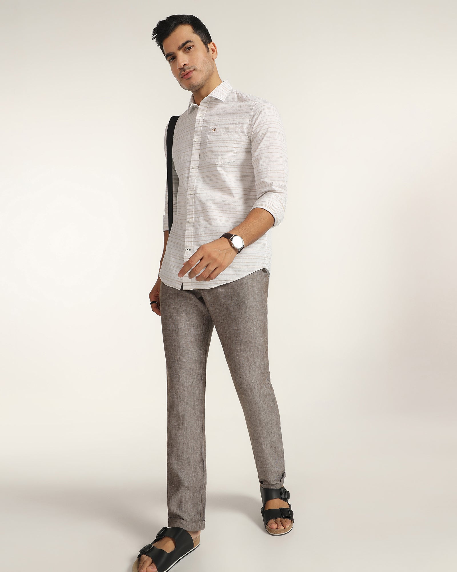 Linen Casual Beige Jacquard Shirt - Daigo