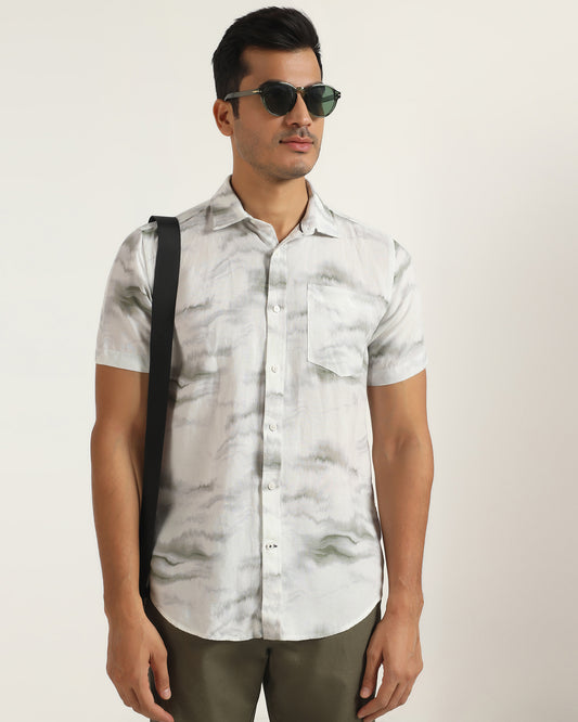 Linen Casual Half Sleeve Grey Printed Shirt - kyren