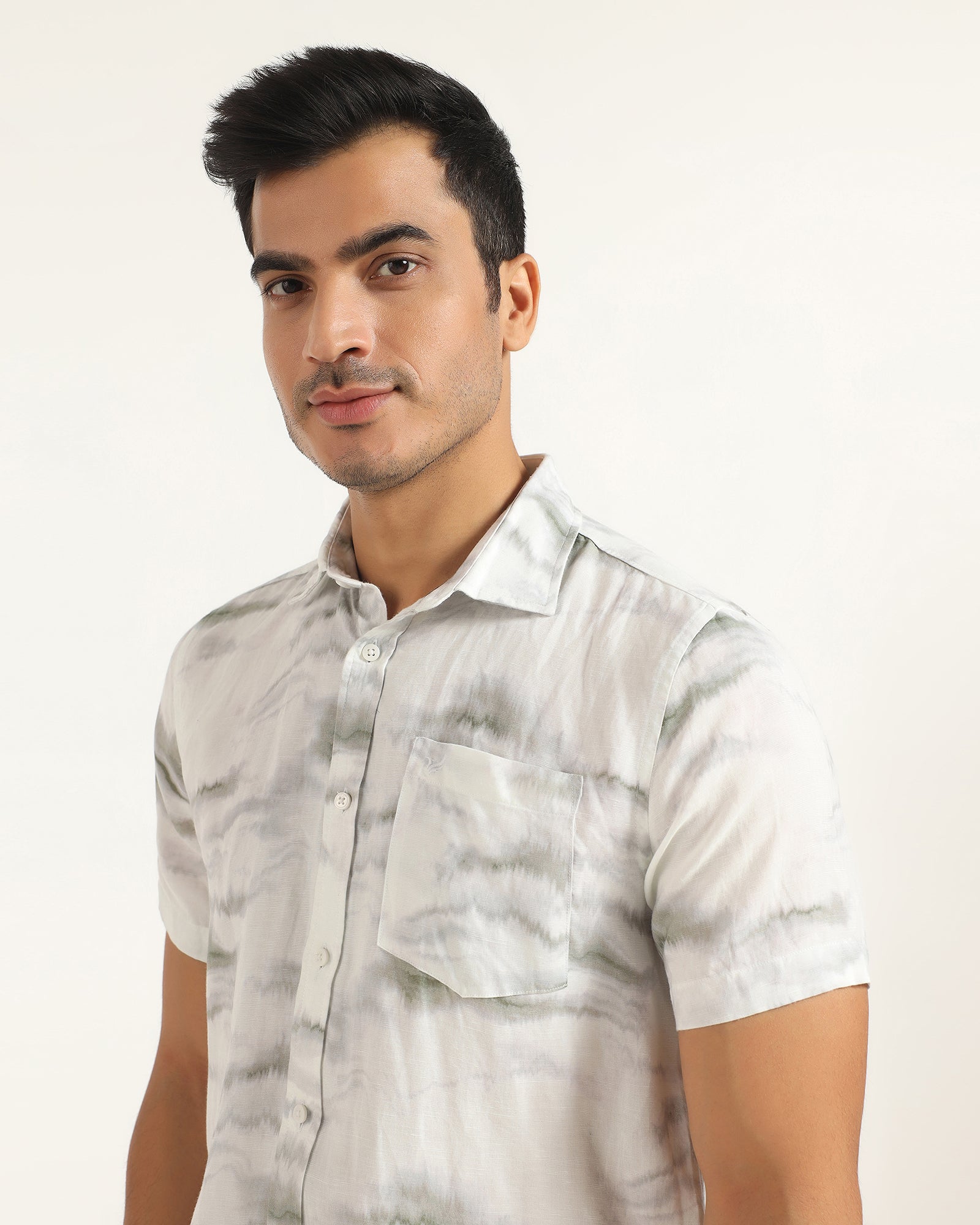 Linen Casual Half Sleeve Grey Printed Shirt - kyren