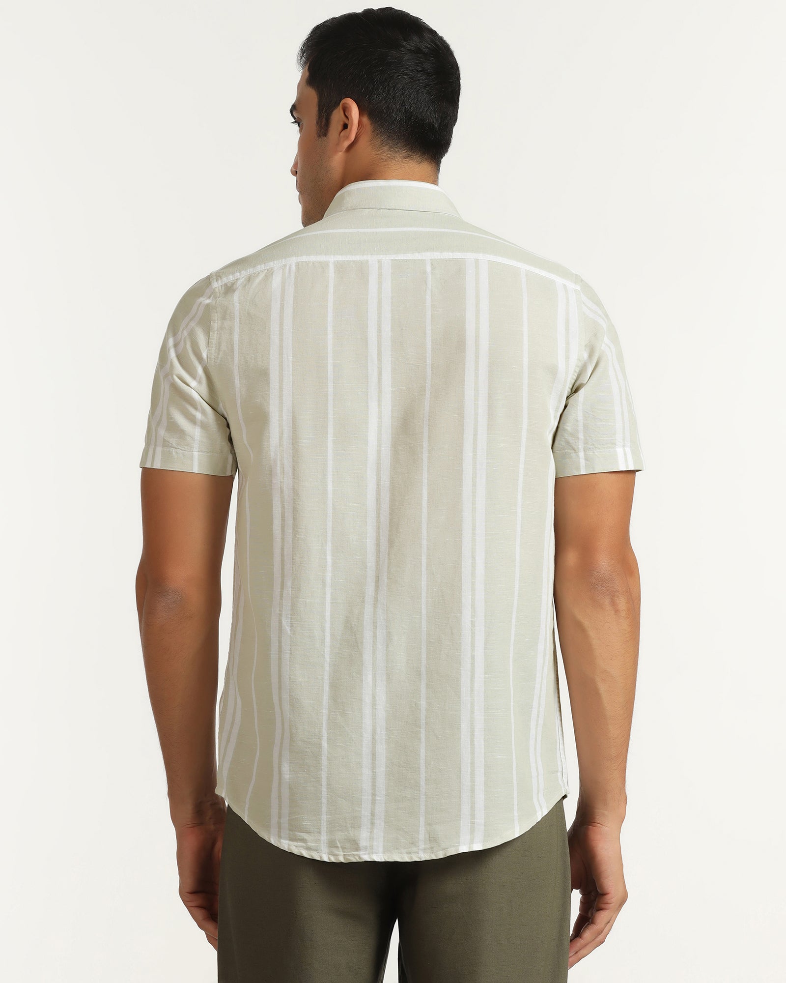 Linen Casual Half Sleeve Pistachio Stripe Shirt - breton
