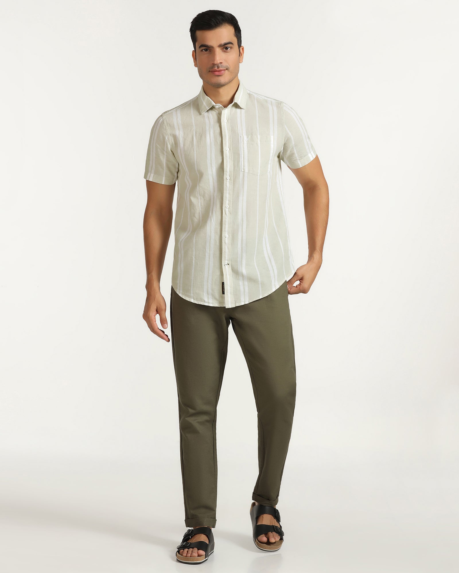 Linen Casual Half Sleeve Pistachio Stripe Shirt - breton