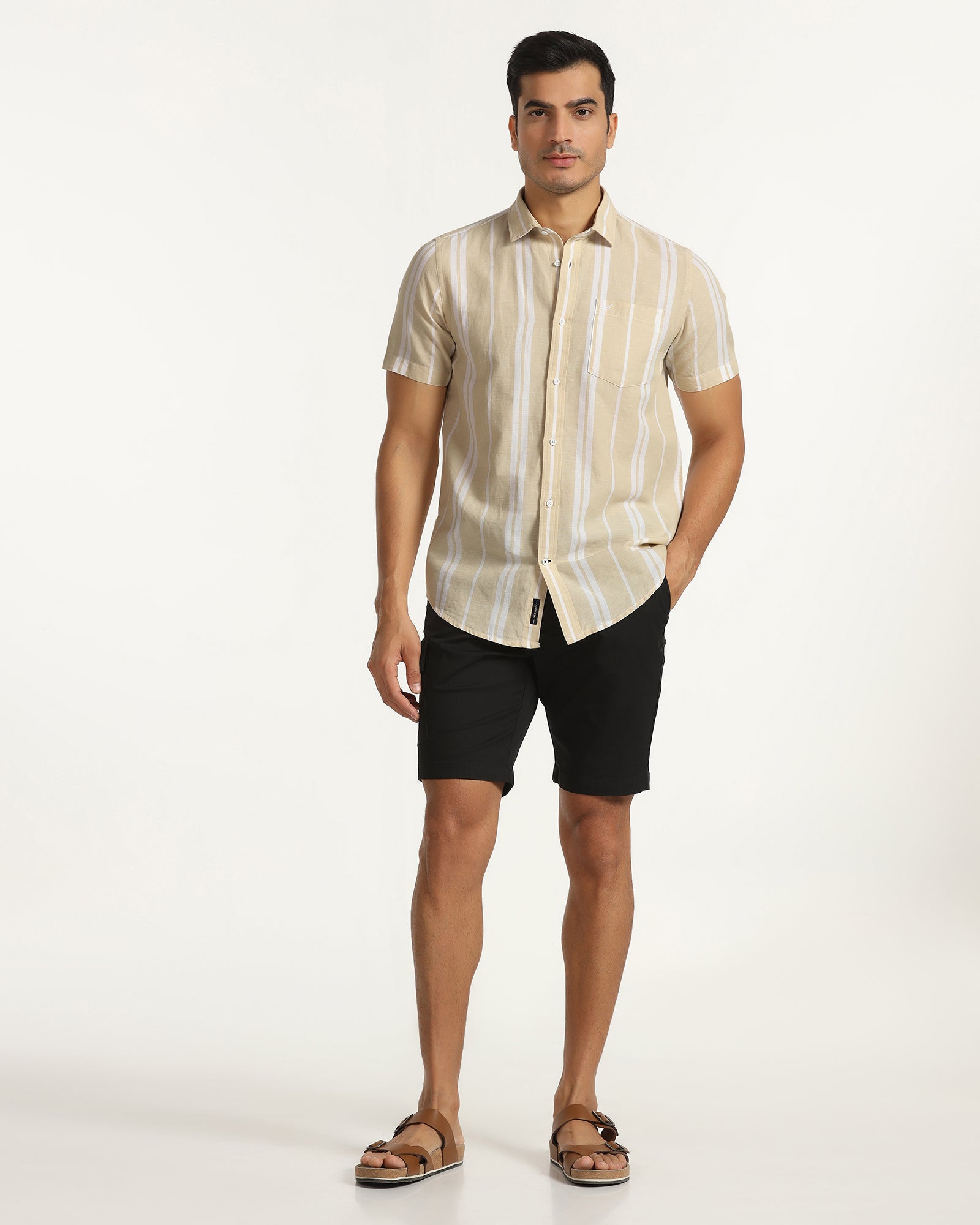 Linen Casual Half Sleeve Yellow Stripe Shirt - breton