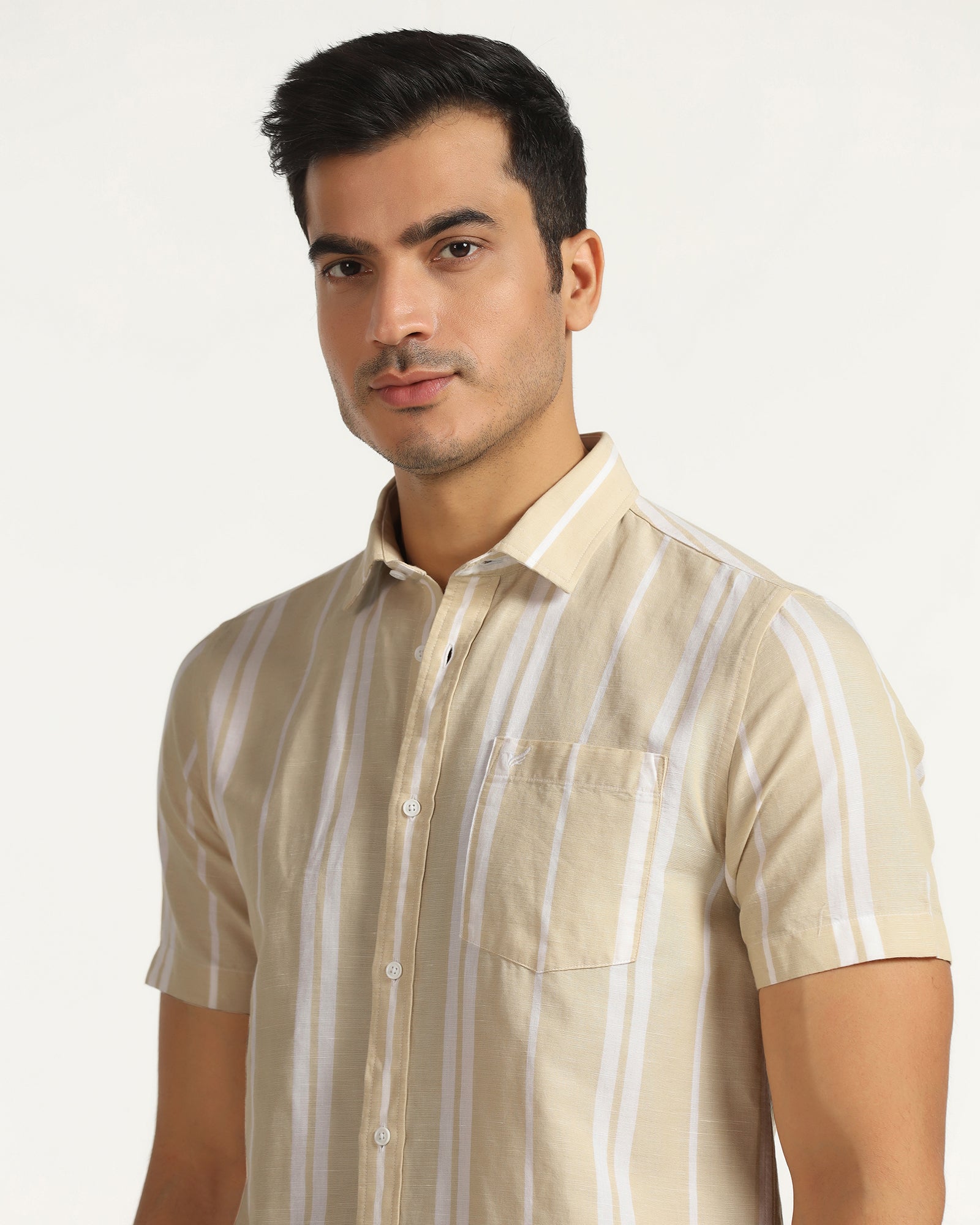 Linen Casual Half Sleeve Yellow Stripe Shirt - breton