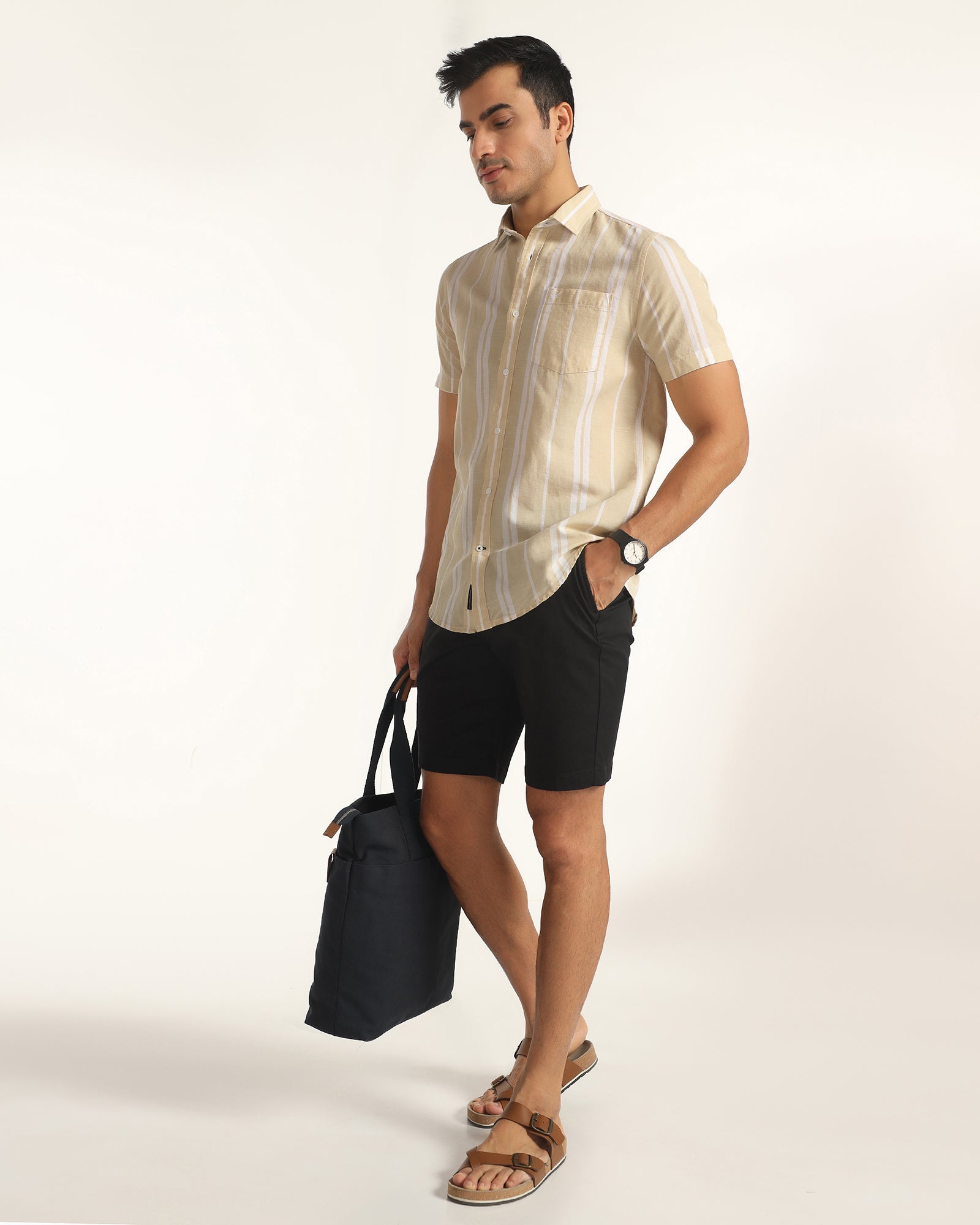 Linen Casual Half Sleeve Yellow Stripe Shirt - breton