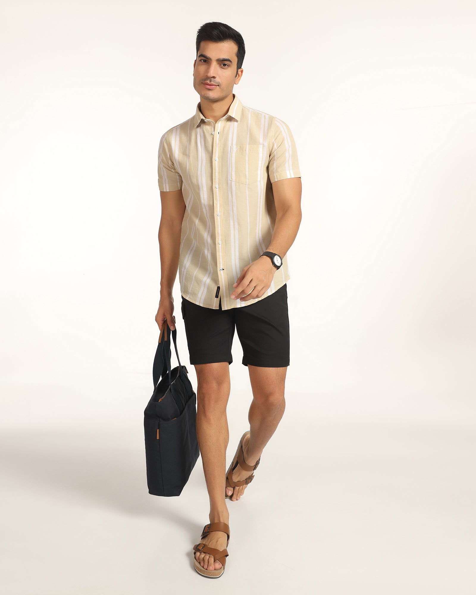 Linen Casual Half Sleeve Yellow Stripe Shirt - breton