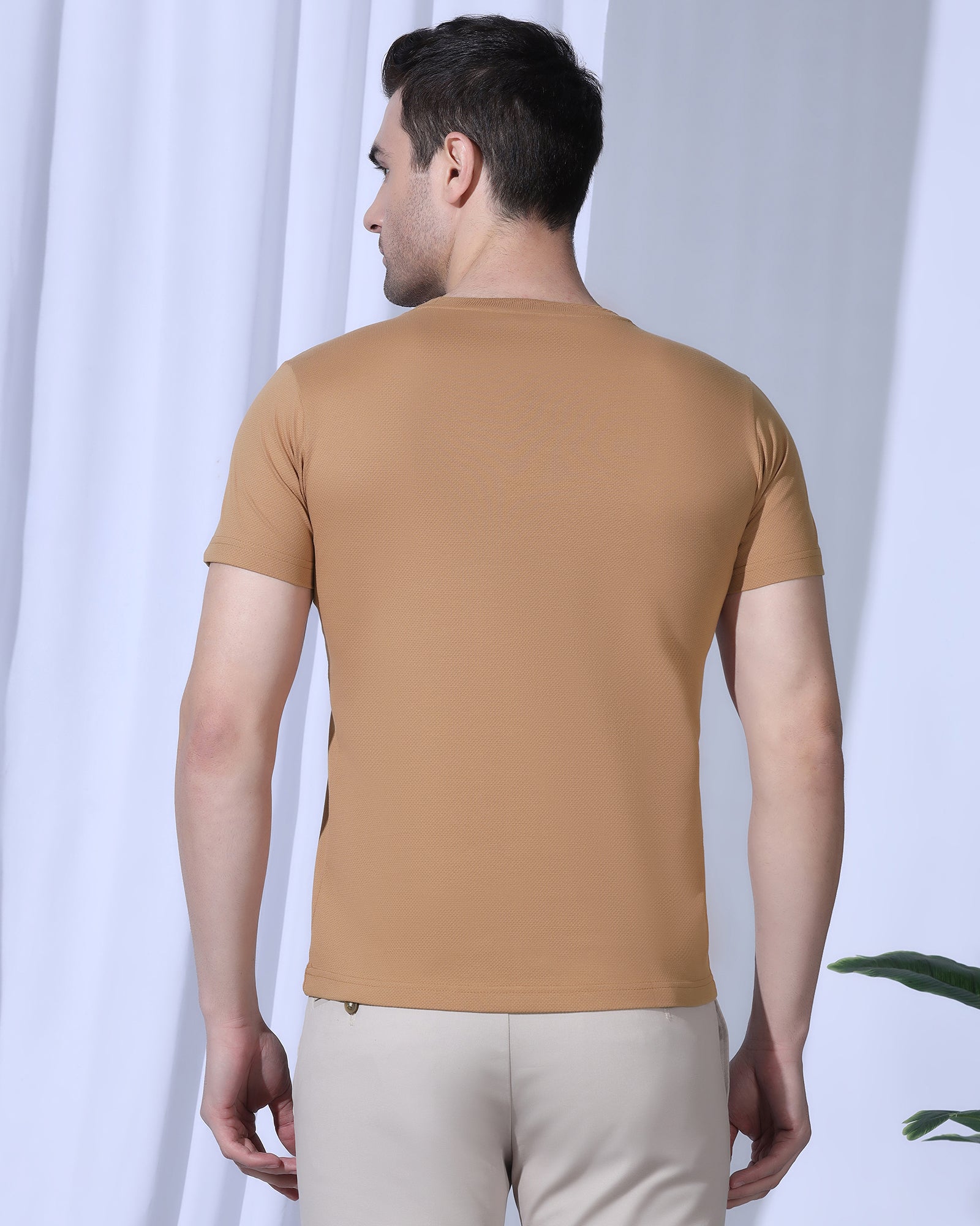 Crew Neck Brown Tan Textured T-Shirt - Corn