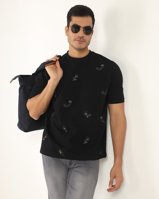 Crew Neck Black Printed T-Shirt - Scribble