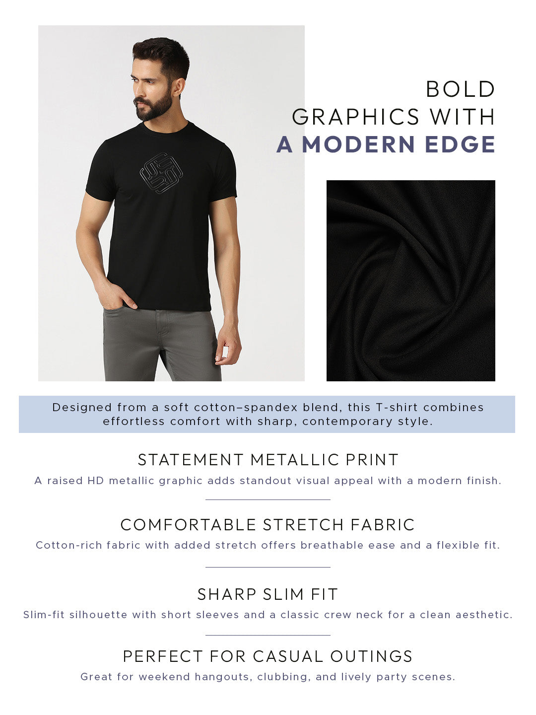 Black Crew Neck Textured T-Shirt - Crown