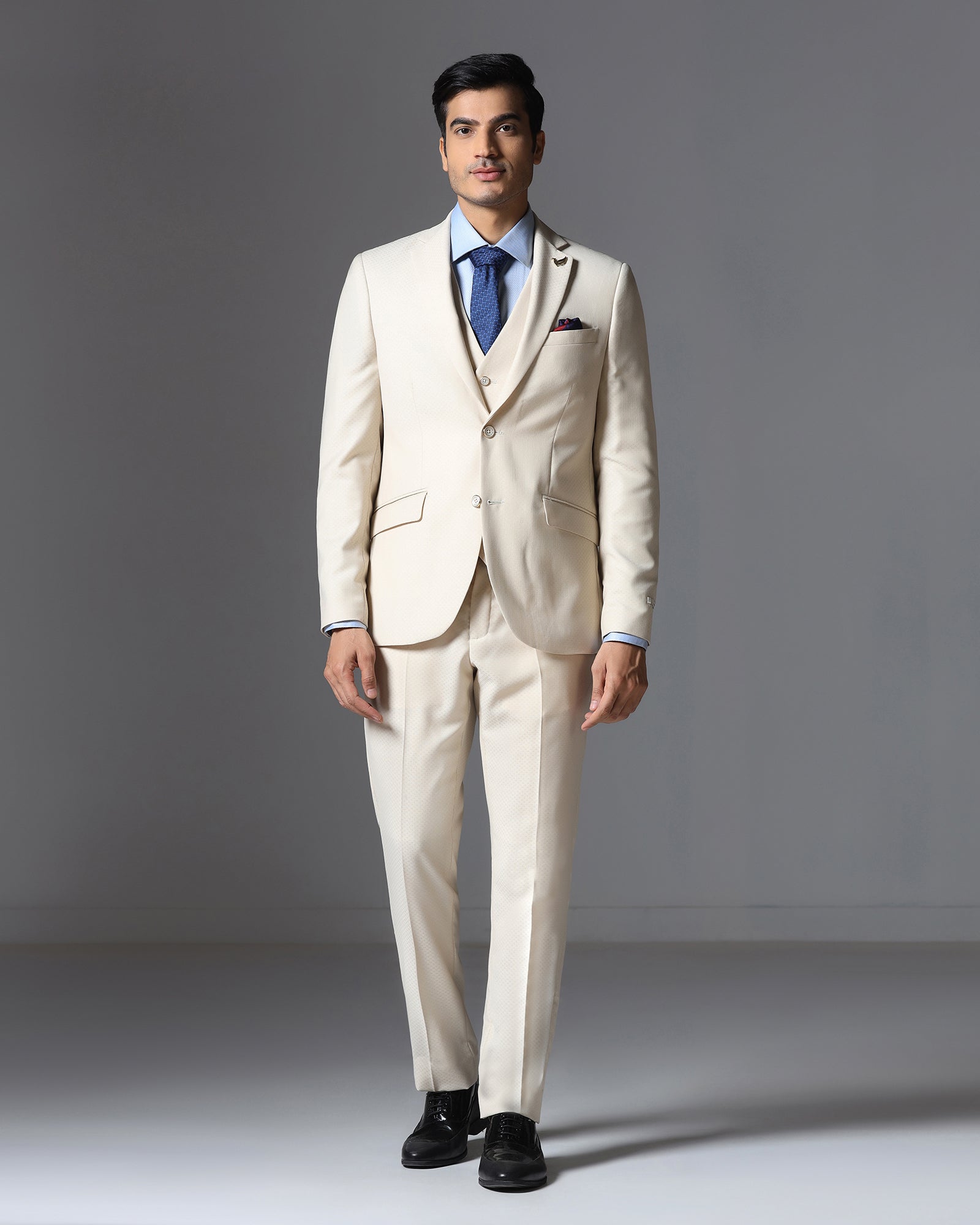 Ecru Three Piece Jacqaurd Suit - Moraco
